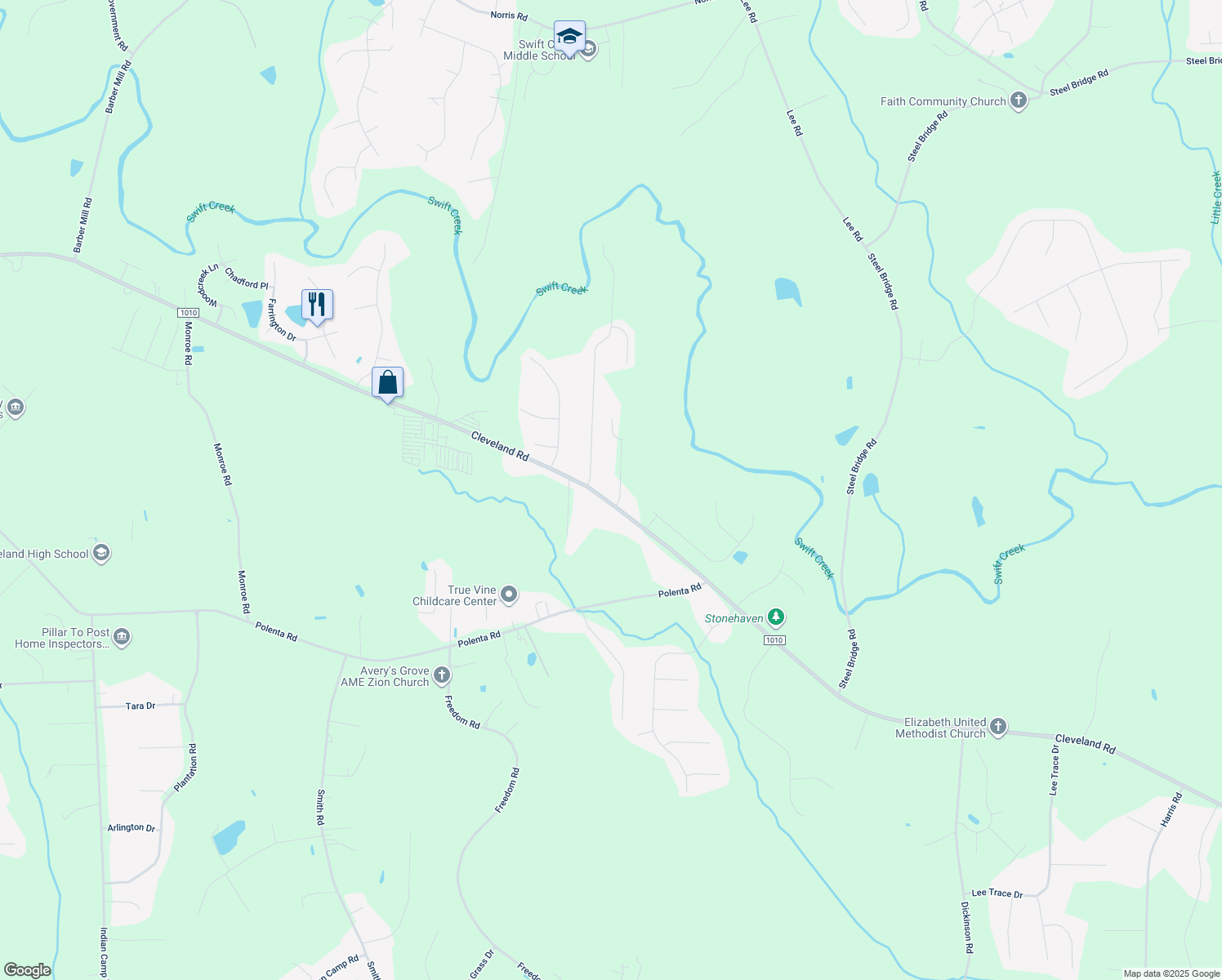 map of restaurants, bars, coffee shops, grocery stores, and more near 5639 Cleveland Road in Clayton