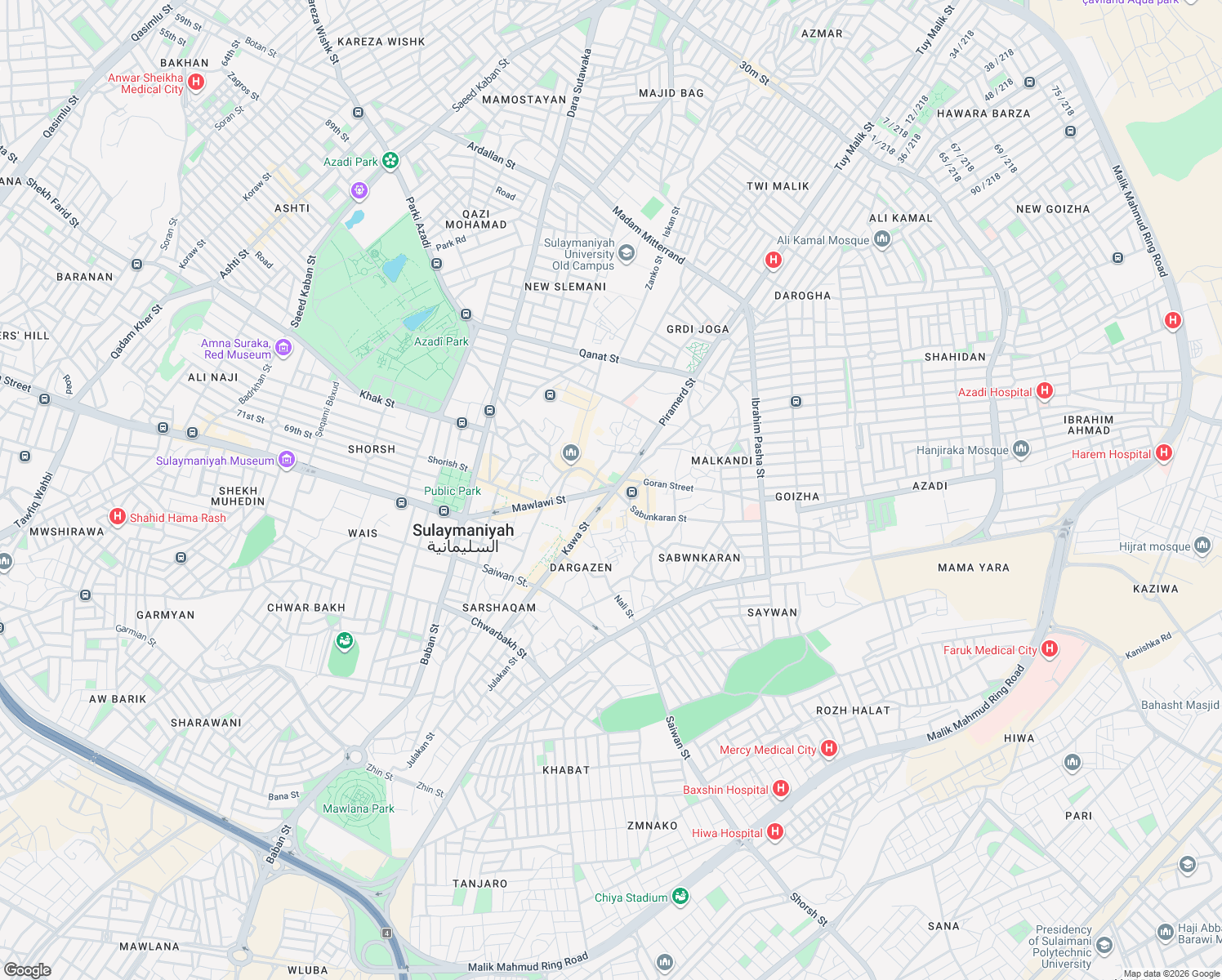 map of restaurants, bars, coffee shops, grocery stores, and more near Kawa Street in Sulaymaniyah