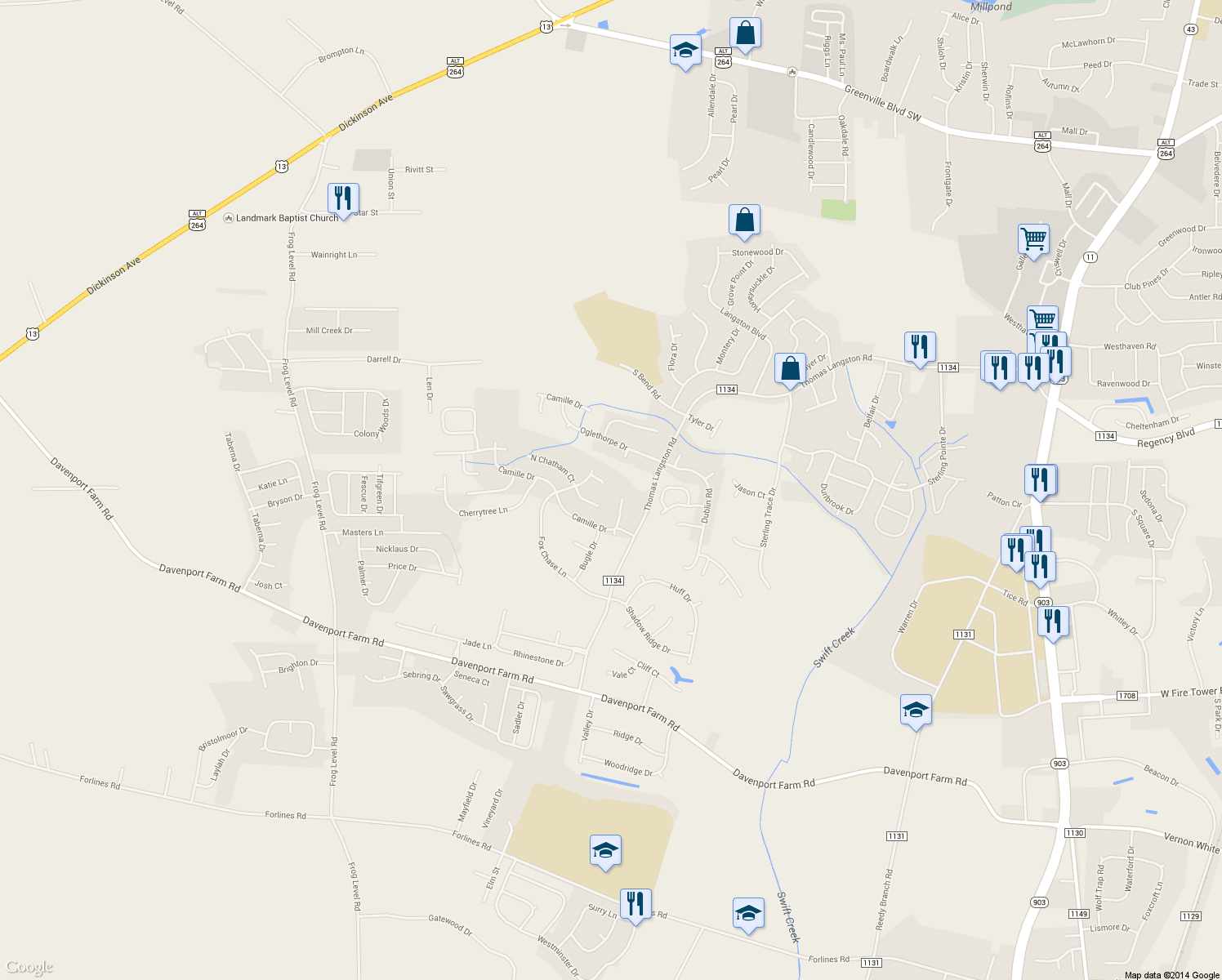 map of restaurants, bars, coffee shops, grocery stores, and more near 2601 Chardon Court in Winterville