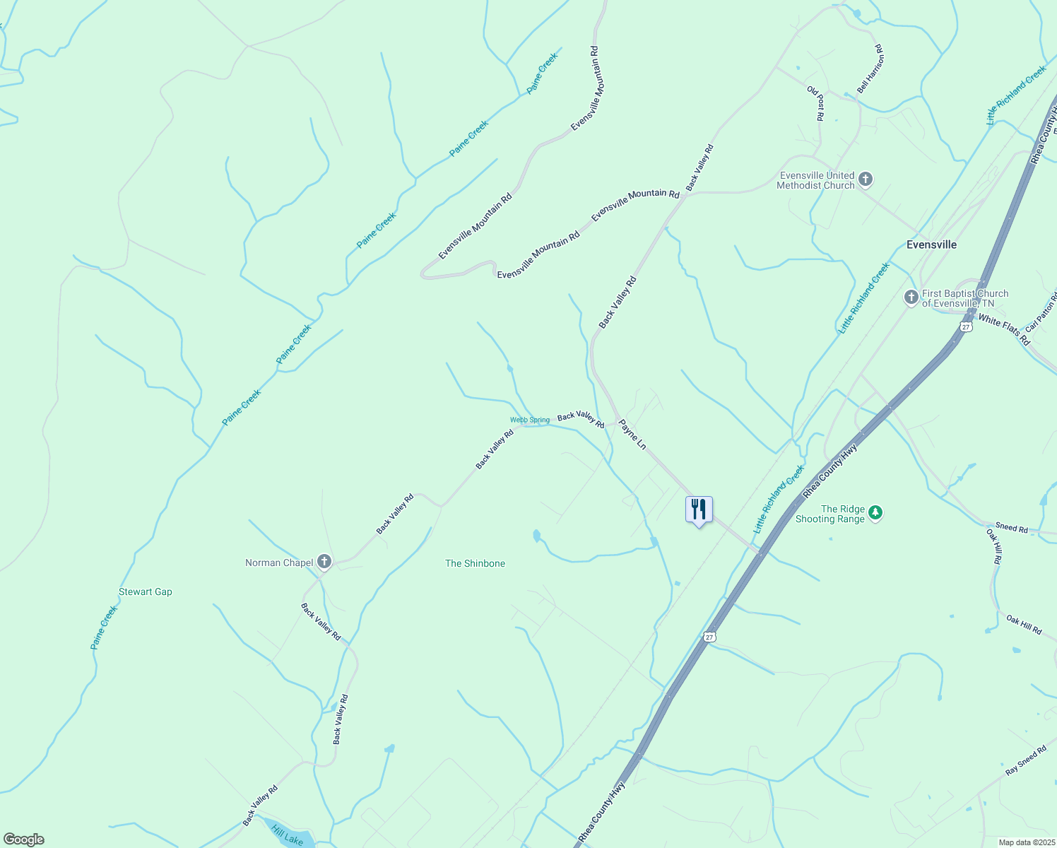 map of restaurants, bars, coffee shops, grocery stores, and more near 5585 Back Valley Road in Evensville
