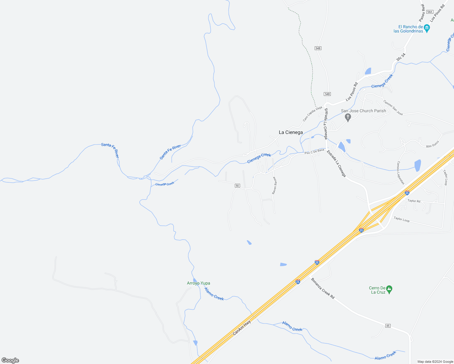 map of restaurants, bars, coffee shops, grocery stores, and more near 239 County Road 50 in Santa Fe
