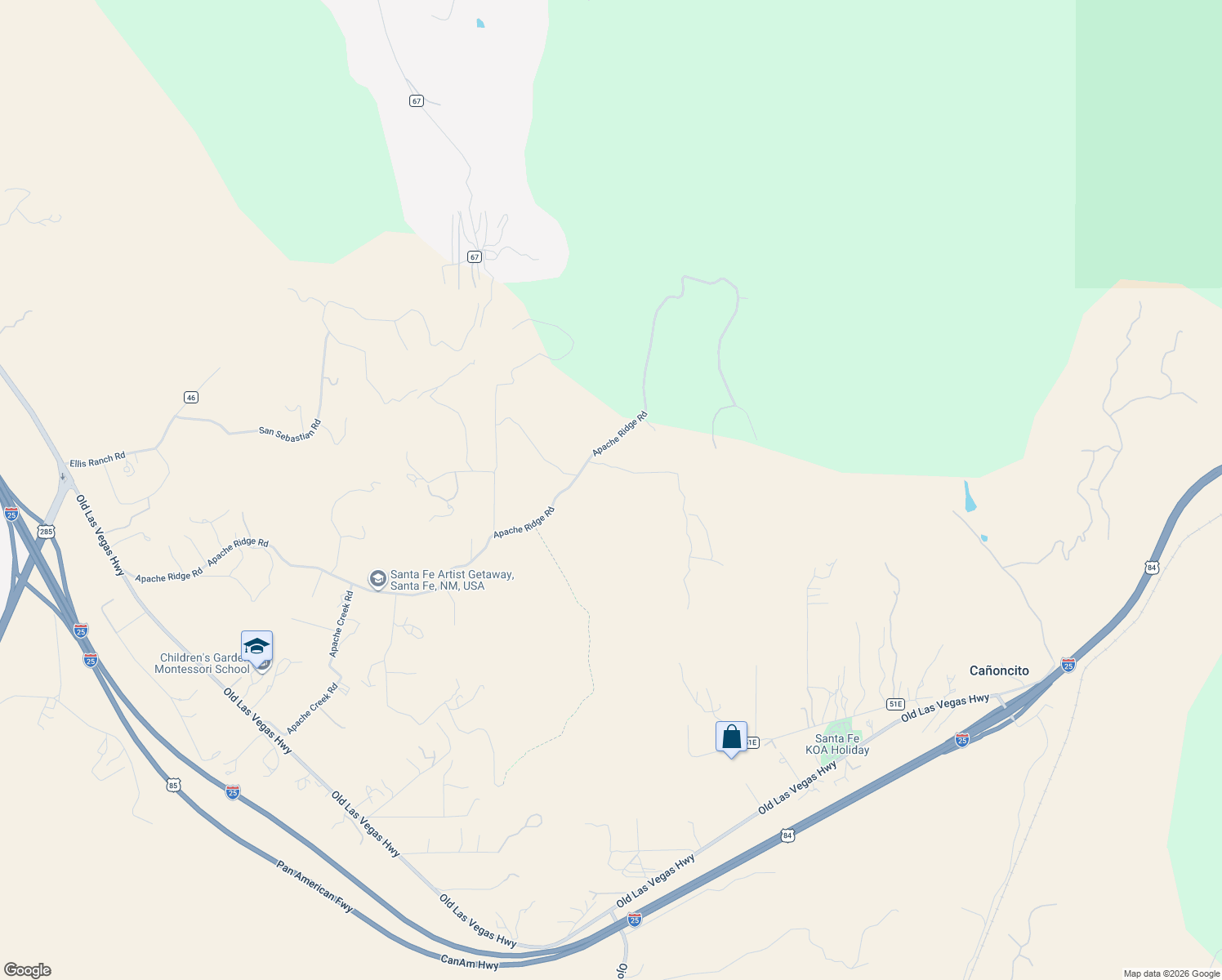 map of restaurants, bars, coffee shops, grocery stores, and more near 162 Apache Ridge Road in Santa Fe