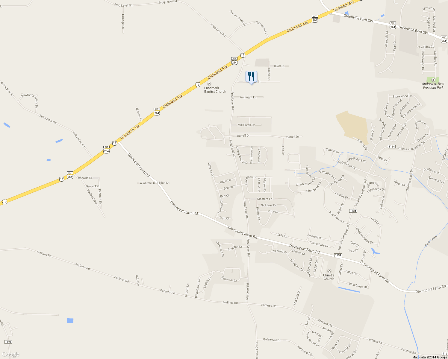 map of restaurants, bars, coffee shops, grocery stores, and more near 1120 Katie Lane in Greenville