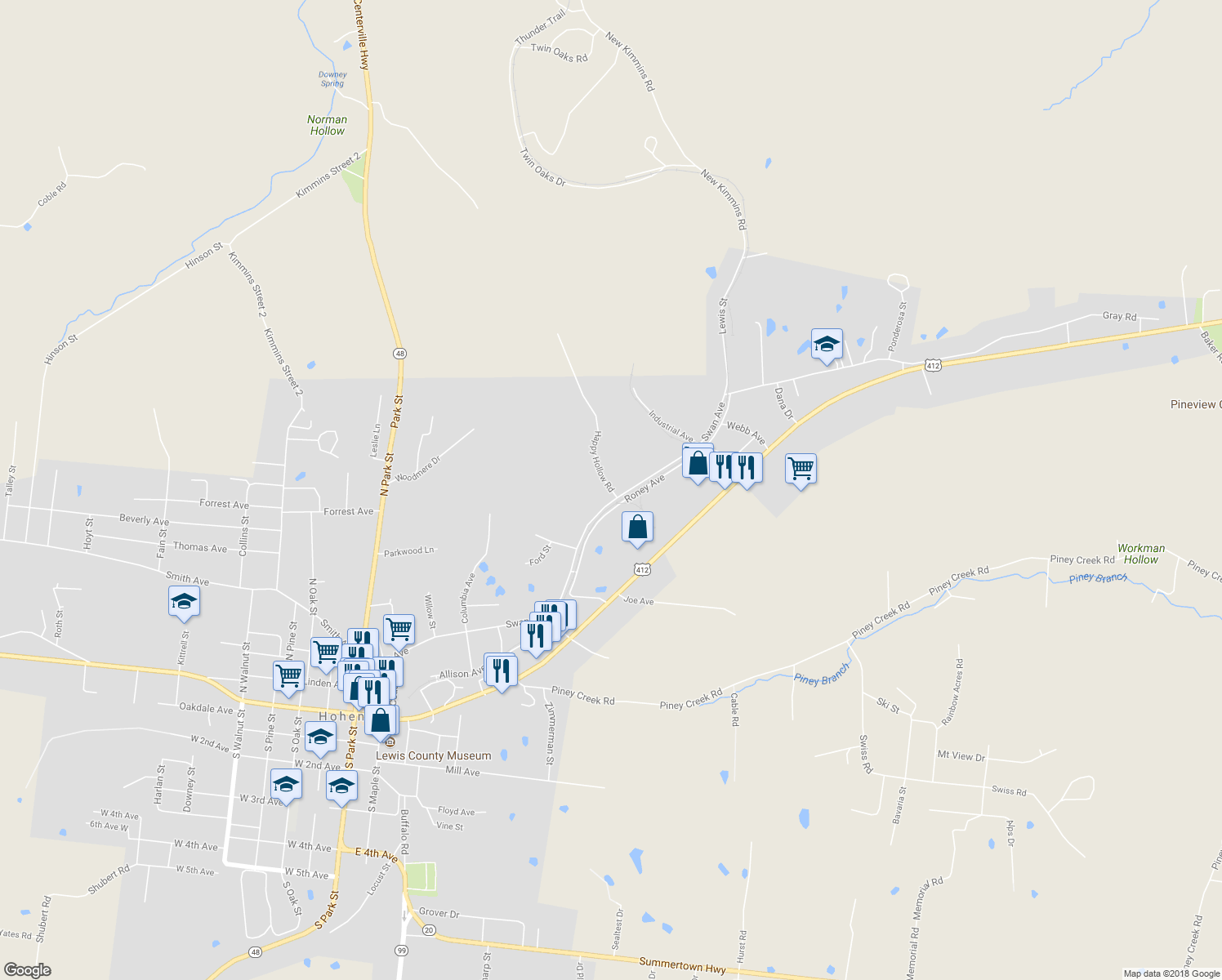 map of restaurants, bars, coffee shops, grocery stores, and more near 136 Happy Hollow Road in Hohenwald