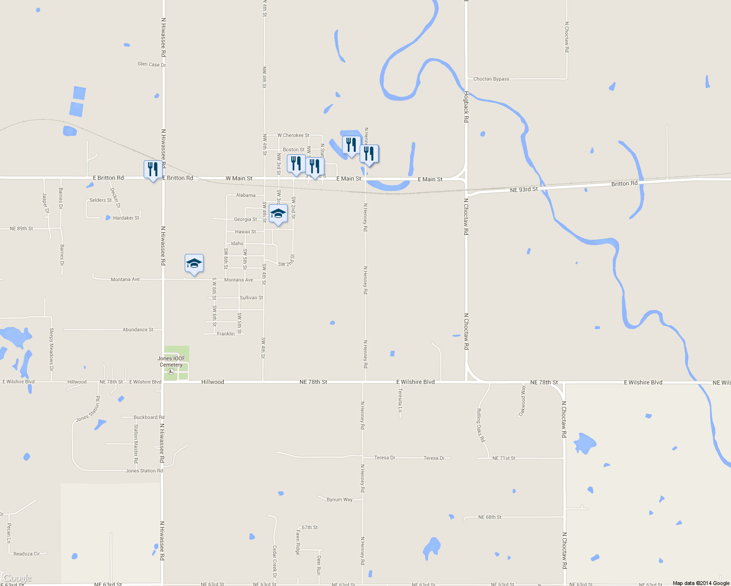 map of restaurants, bars, coffee shops, grocery stores, and more near 8455 N Henney Rd in Jones