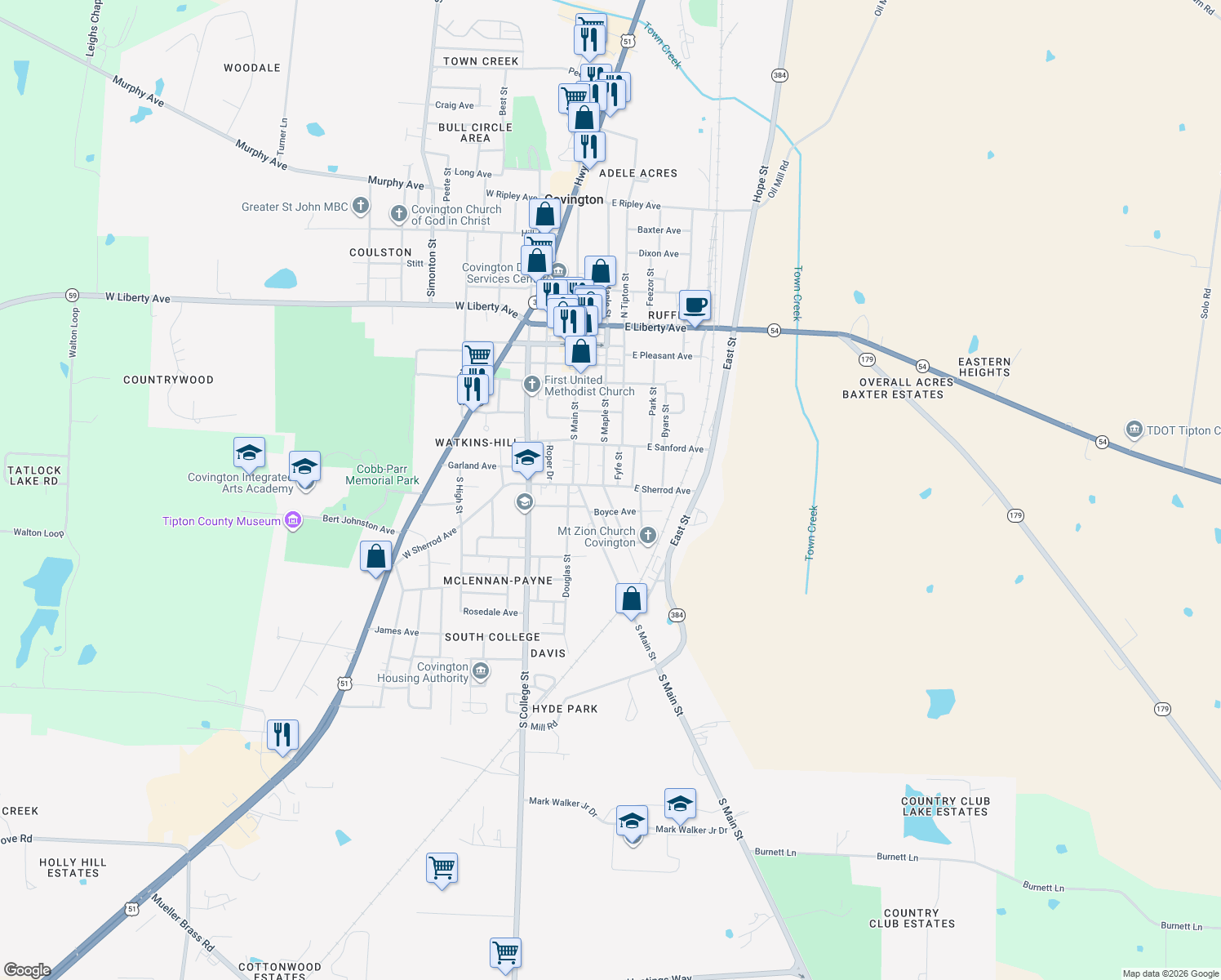 map of restaurants, bars, coffee shops, grocery stores, and more near 207 East Sherrod Avenue in Covington