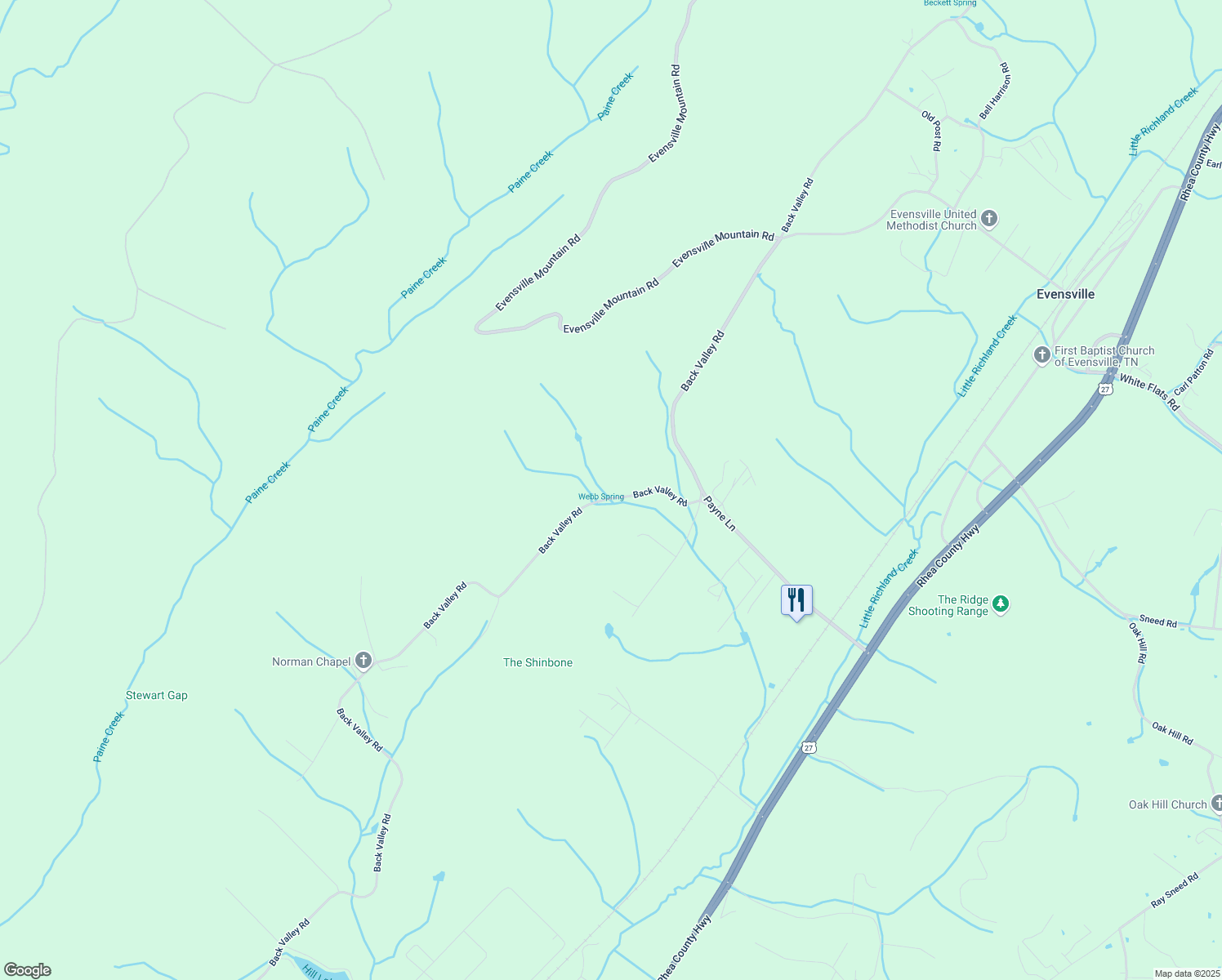 map of restaurants, bars, coffee shops, grocery stores, and more near 5585 Back Valley Road in Evensville