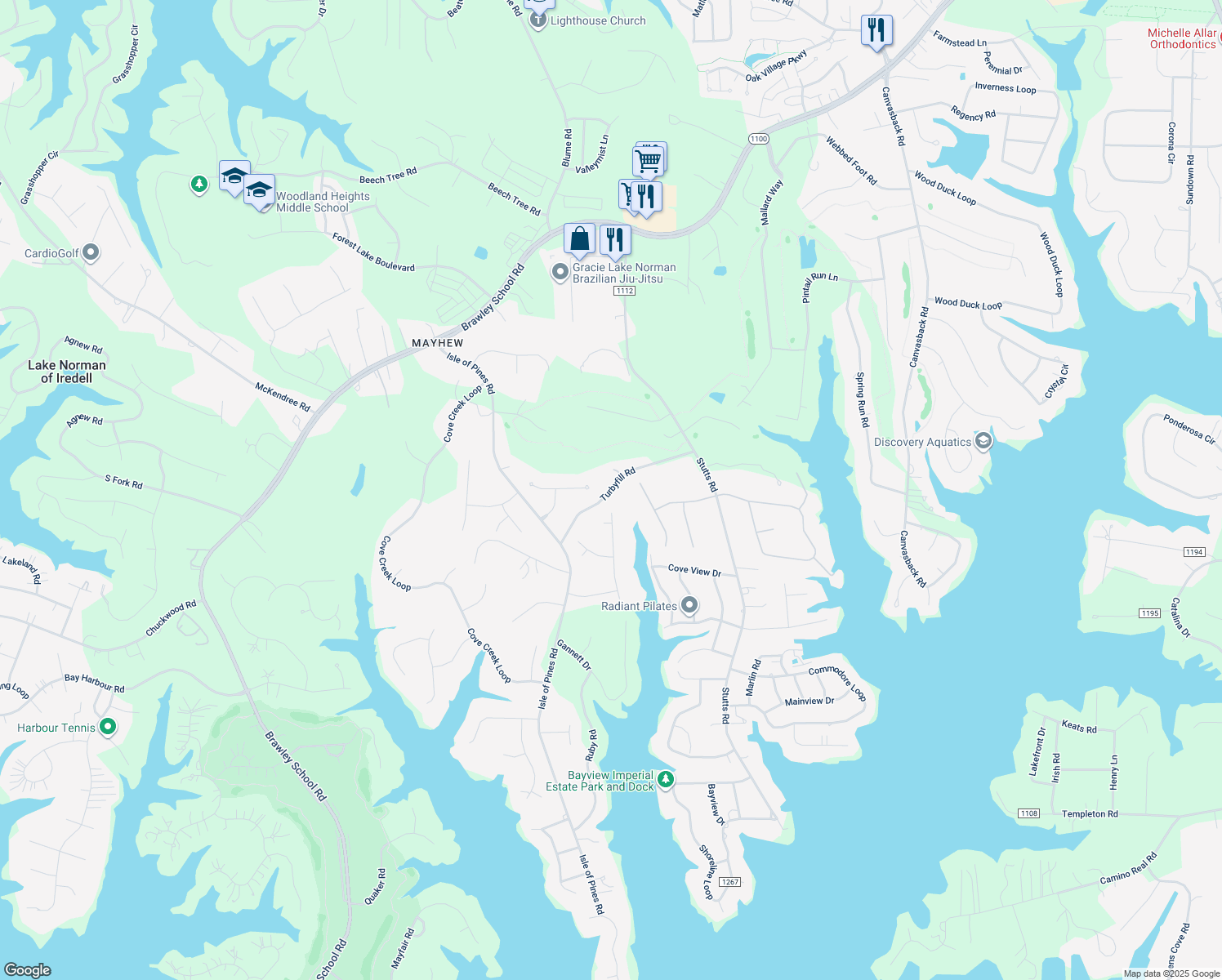 map of restaurants, bars, coffee shops, grocery stores, and more near Turbyfill Road in Mooresville