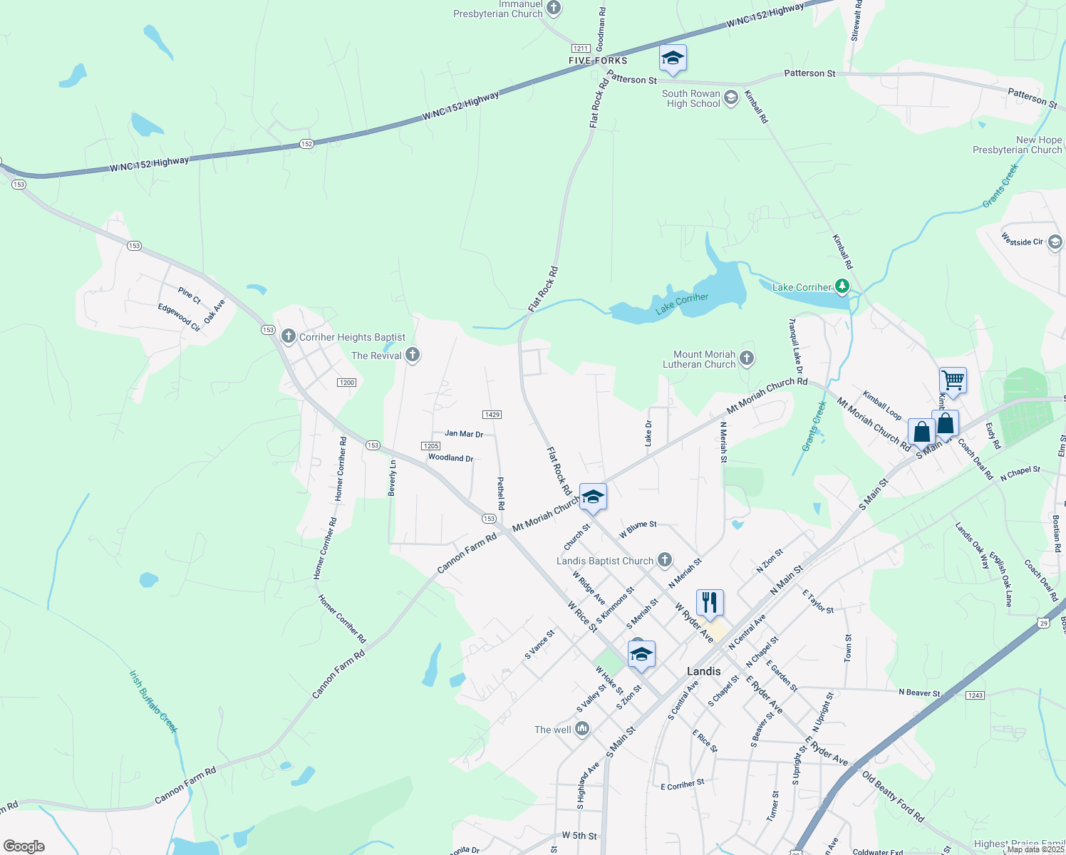 map of restaurants, bars, coffee shops, grocery stores, and more near 1225 Flat Rock Road in China Grove