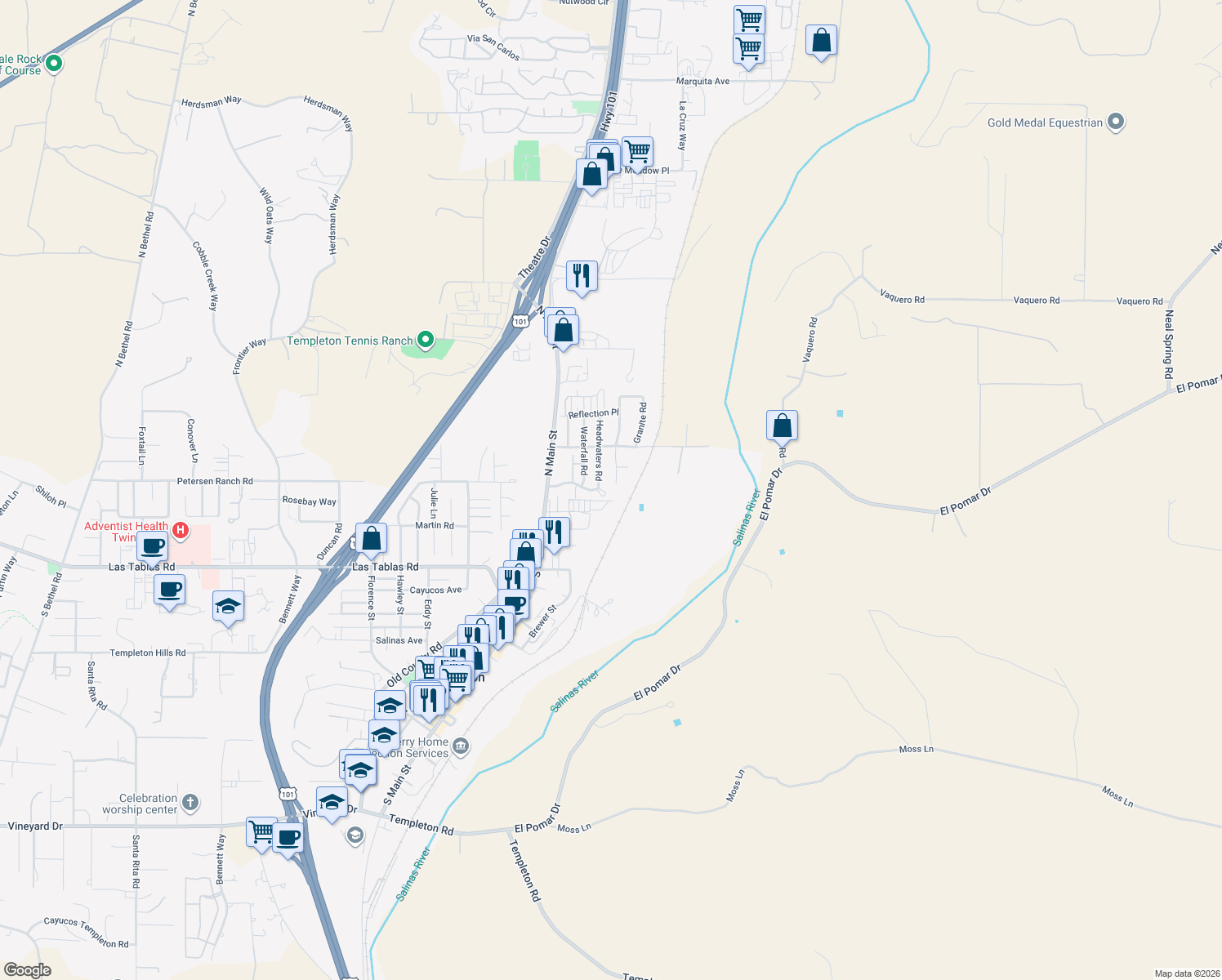 map of restaurants, bars, coffee shops, grocery stores, and more near 114 Cattail Road in Templeton