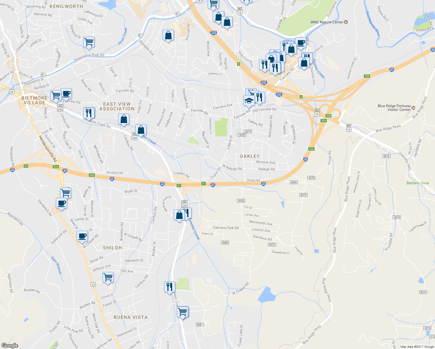 map of restaurants, bars, coffee shops, grocery stores, and more near 81 Crayton Road in Asheville