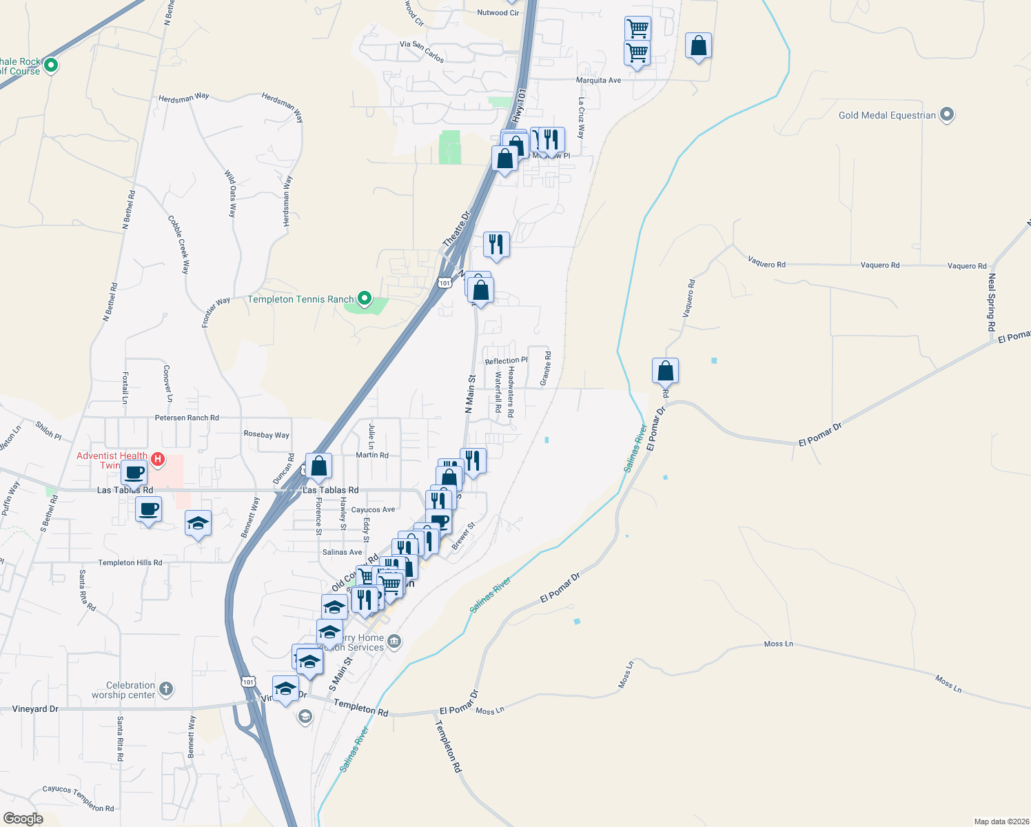 map of restaurants, bars, coffee shops, grocery stores, and more near 135 Headwaters Road in Templeton