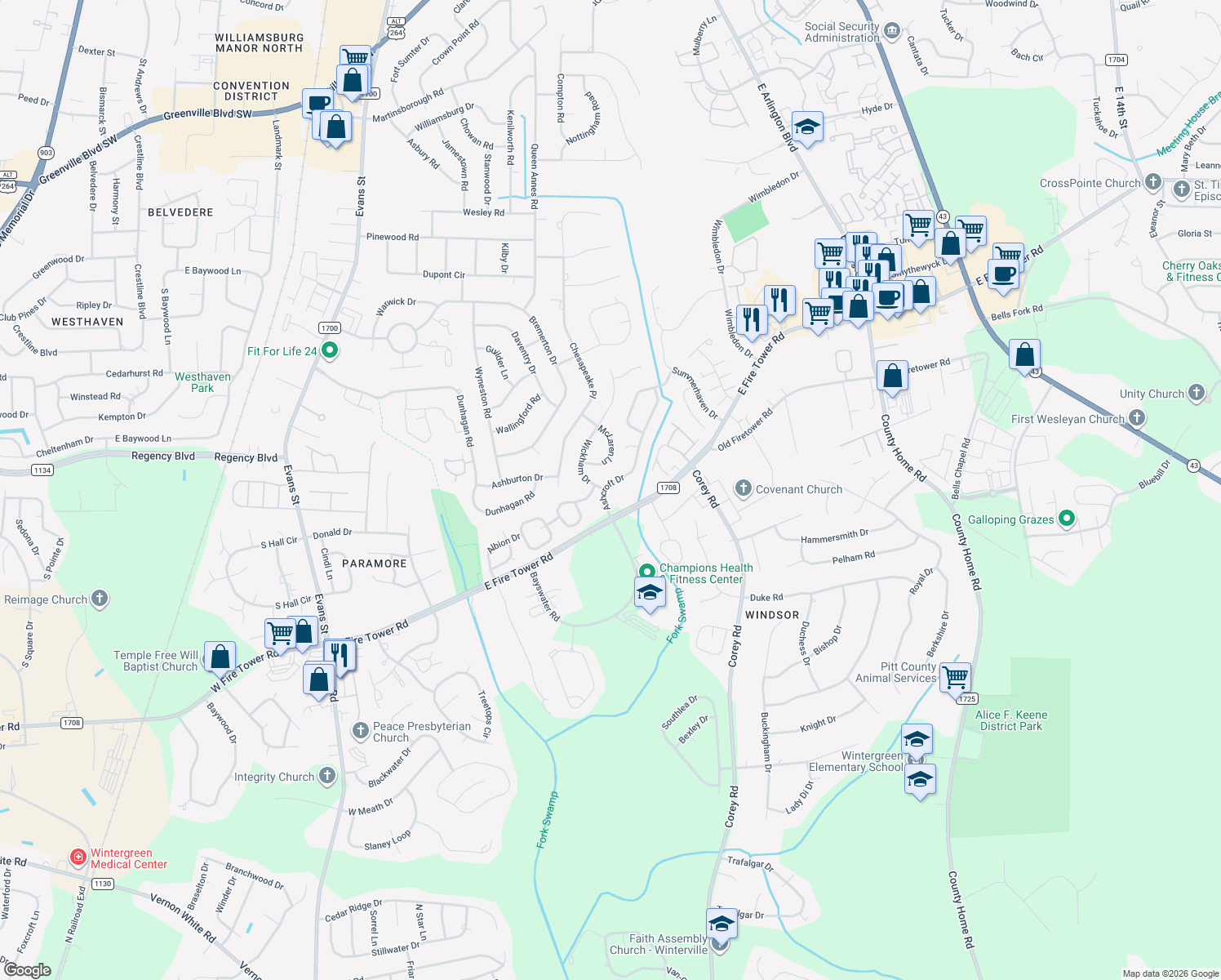 map of restaurants, bars, coffee shops, grocery stores, and more near 3961 Ashcroft Dr in Greenville