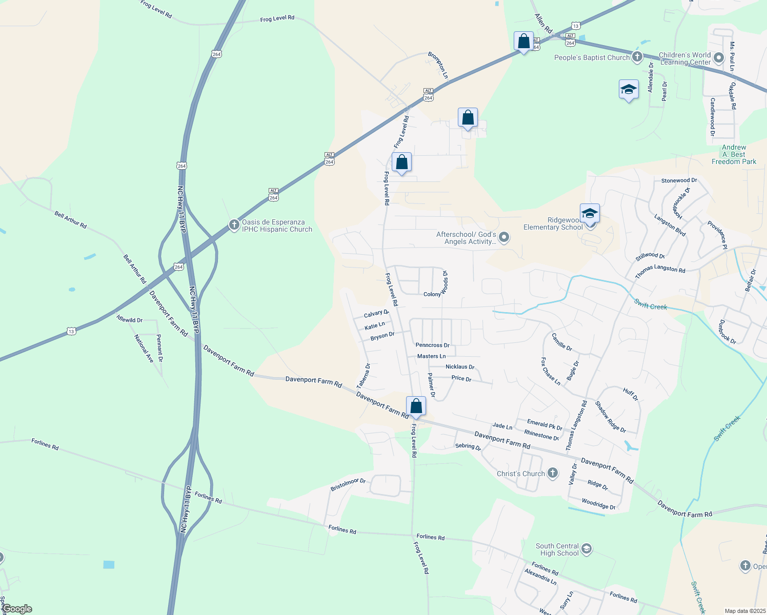 map of restaurants, bars, coffee shops, grocery stores, and more near 3621 Calvary Drive in Greenville