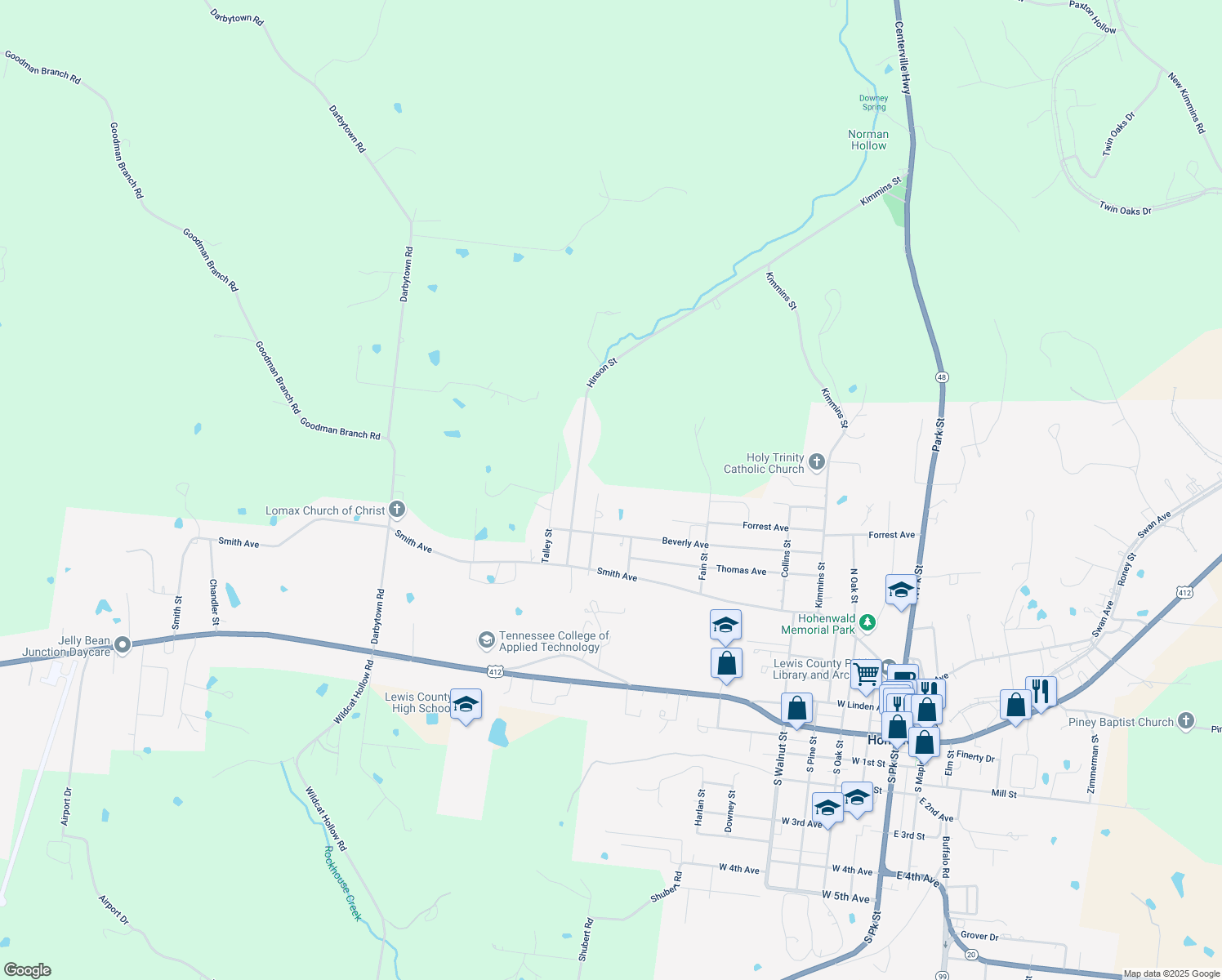 map of restaurants, bars, coffee shops, grocery stores, and more near 523 Church St in Hohenwald
