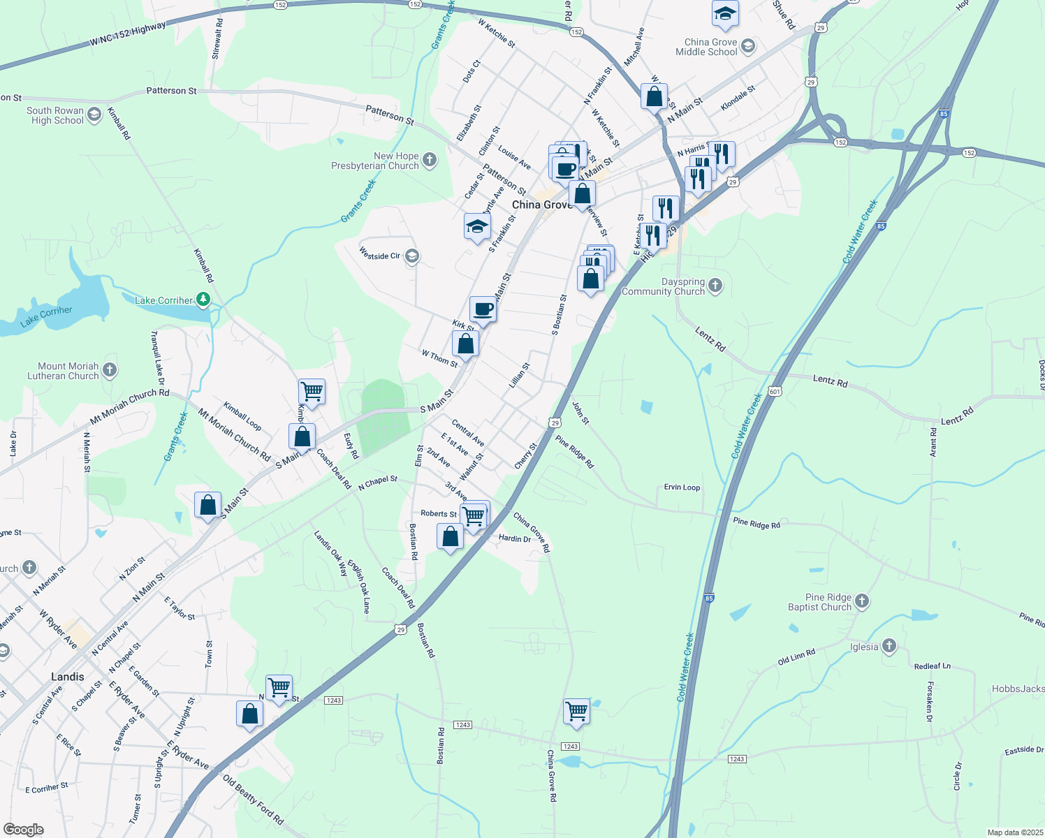 map of restaurants, bars, coffee shops, grocery stores, and more near 27 East Thom Street in China Grove