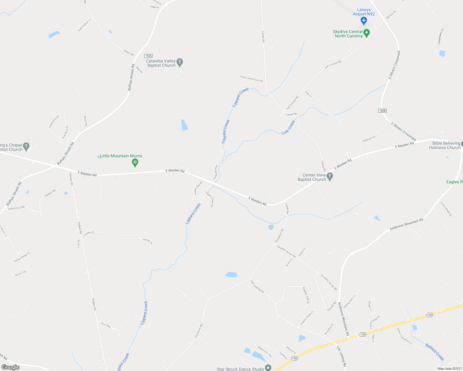 map of restaurants, bars, coffee shops, grocery stores, and more near 3596 East Maiden Road in Maiden