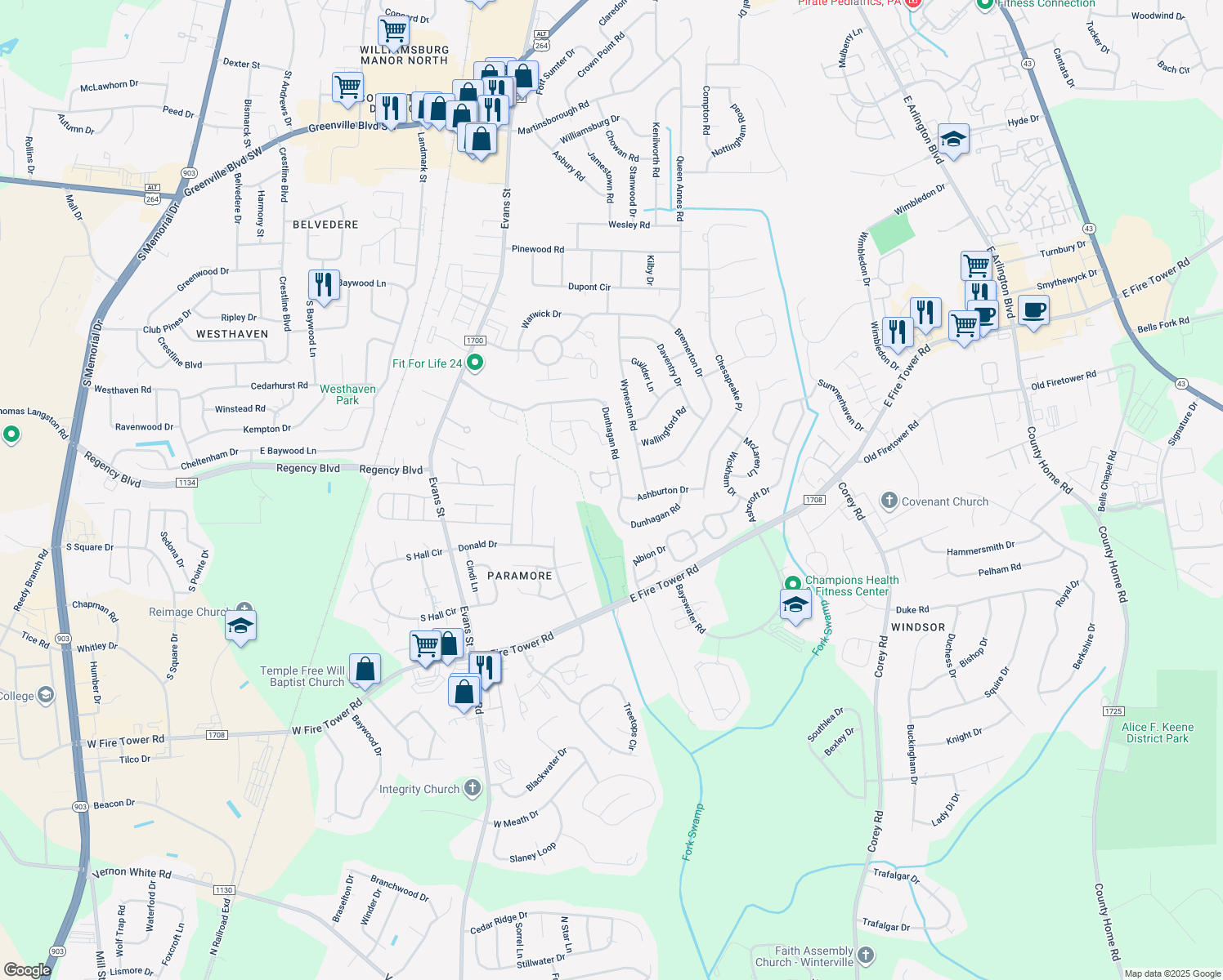 map of restaurants, bars, coffee shops, grocery stores, and more near 448 Forrest Park in Greenville