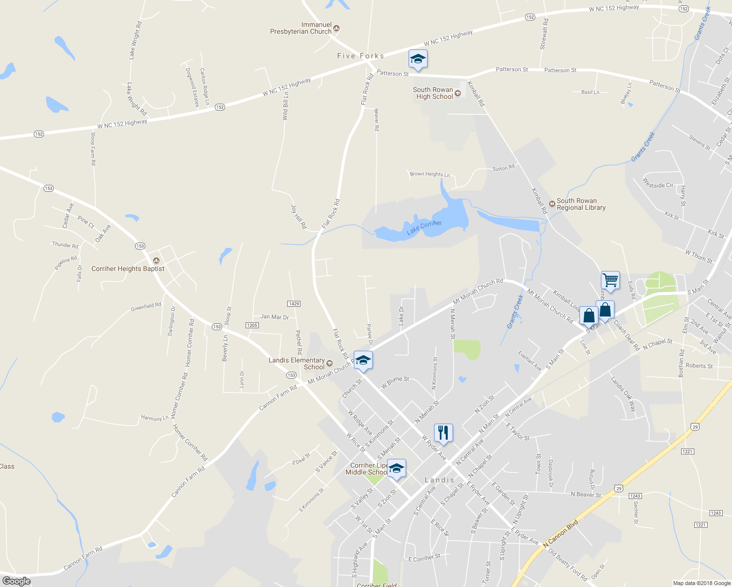 map of restaurants, bars, coffee shops, grocery stores, and more near 1260 Partee Drive in China Grove
