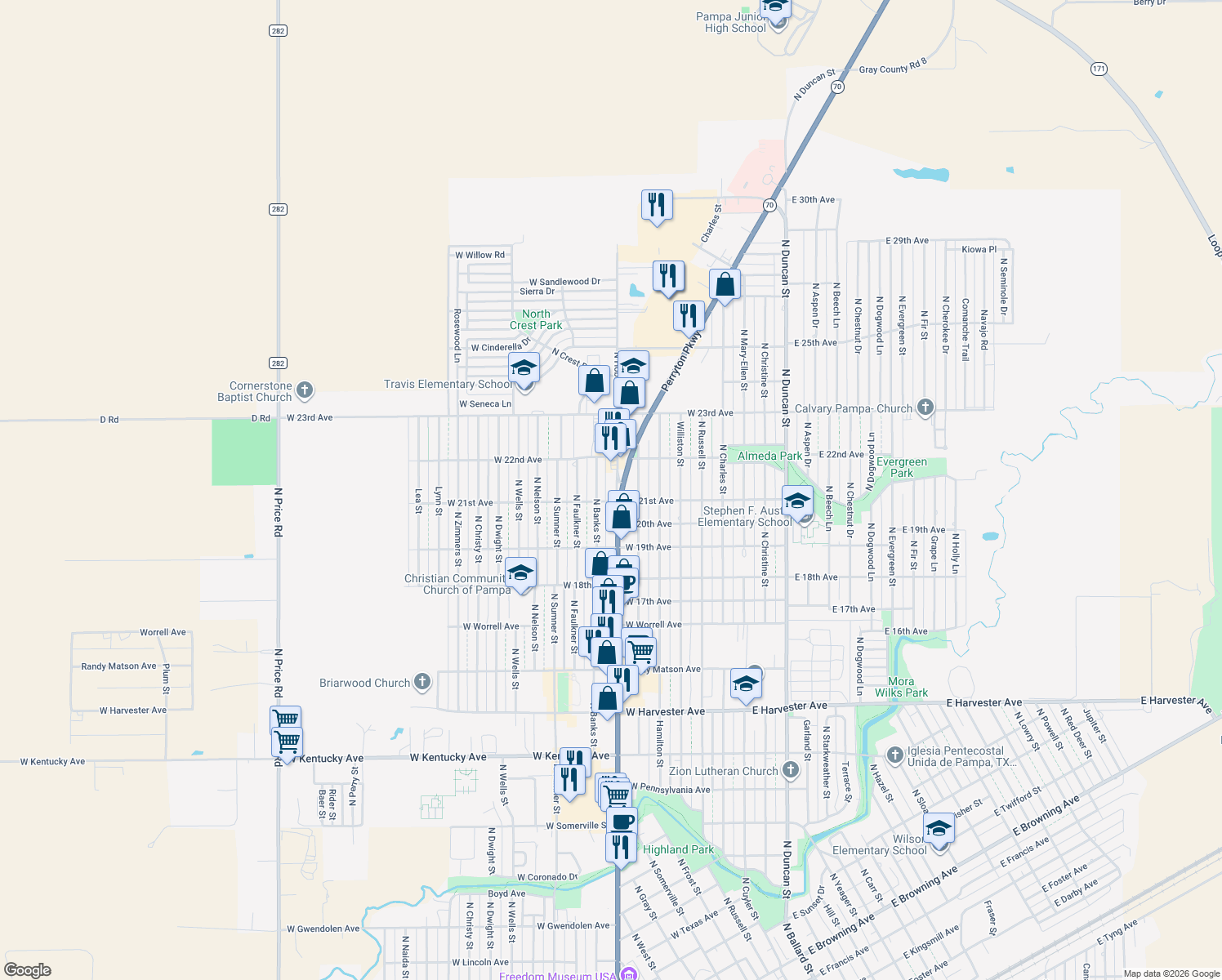 map of restaurants, bars, coffee shops, grocery stores, and more near 2109 North Hobart Street in Pampa