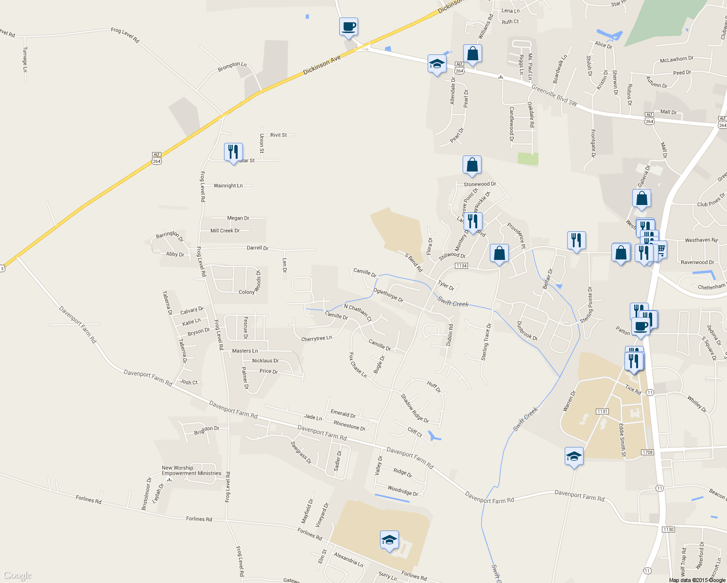 map of restaurants, bars, coffee shops, grocery stores, and more near 3521 Oglethorpe Drive in Winterville