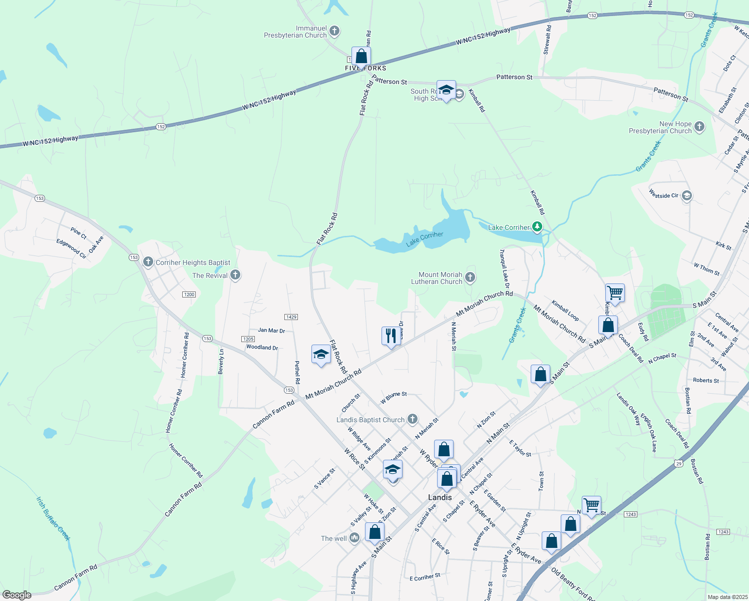 map of restaurants, bars, coffee shops, grocery stores, and more near McNeely Street in China Grove