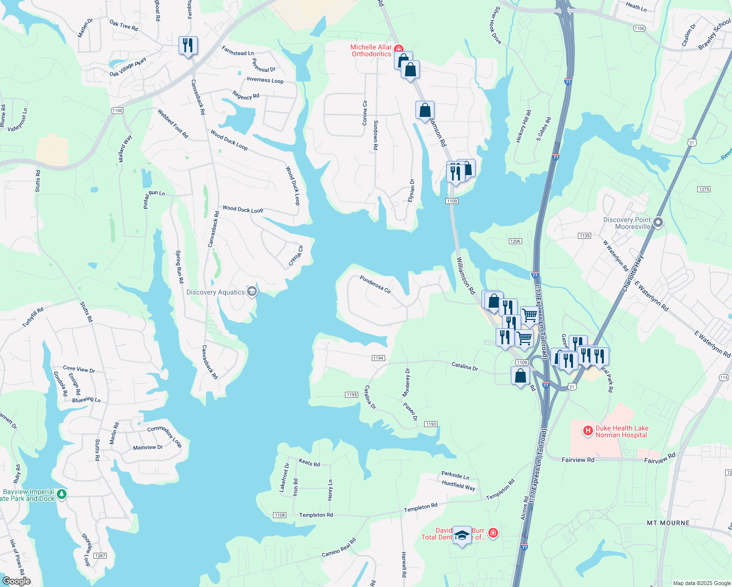 map of restaurants, bars, coffee shops, grocery stores, and more near Continental Drive in Mooresville