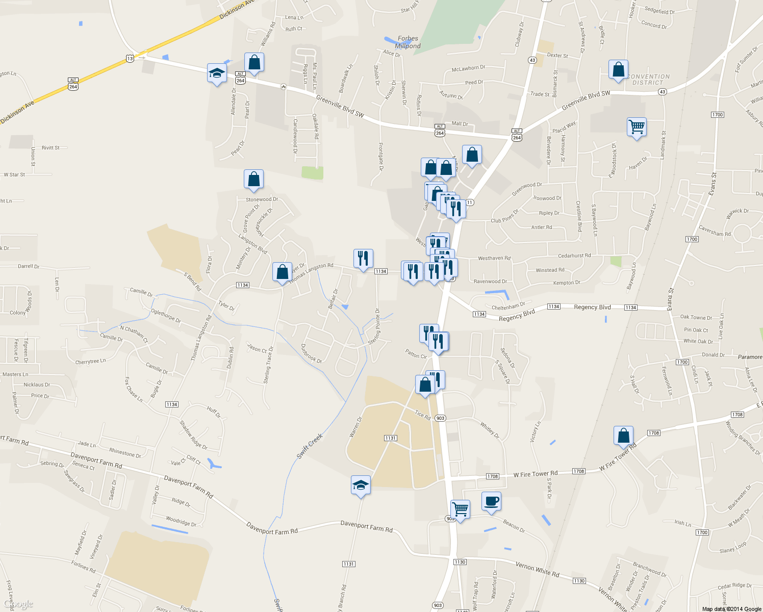 map of restaurants, bars, coffee shops, grocery stores, and more near 3801 Sterling Pointe Drive in Winterville