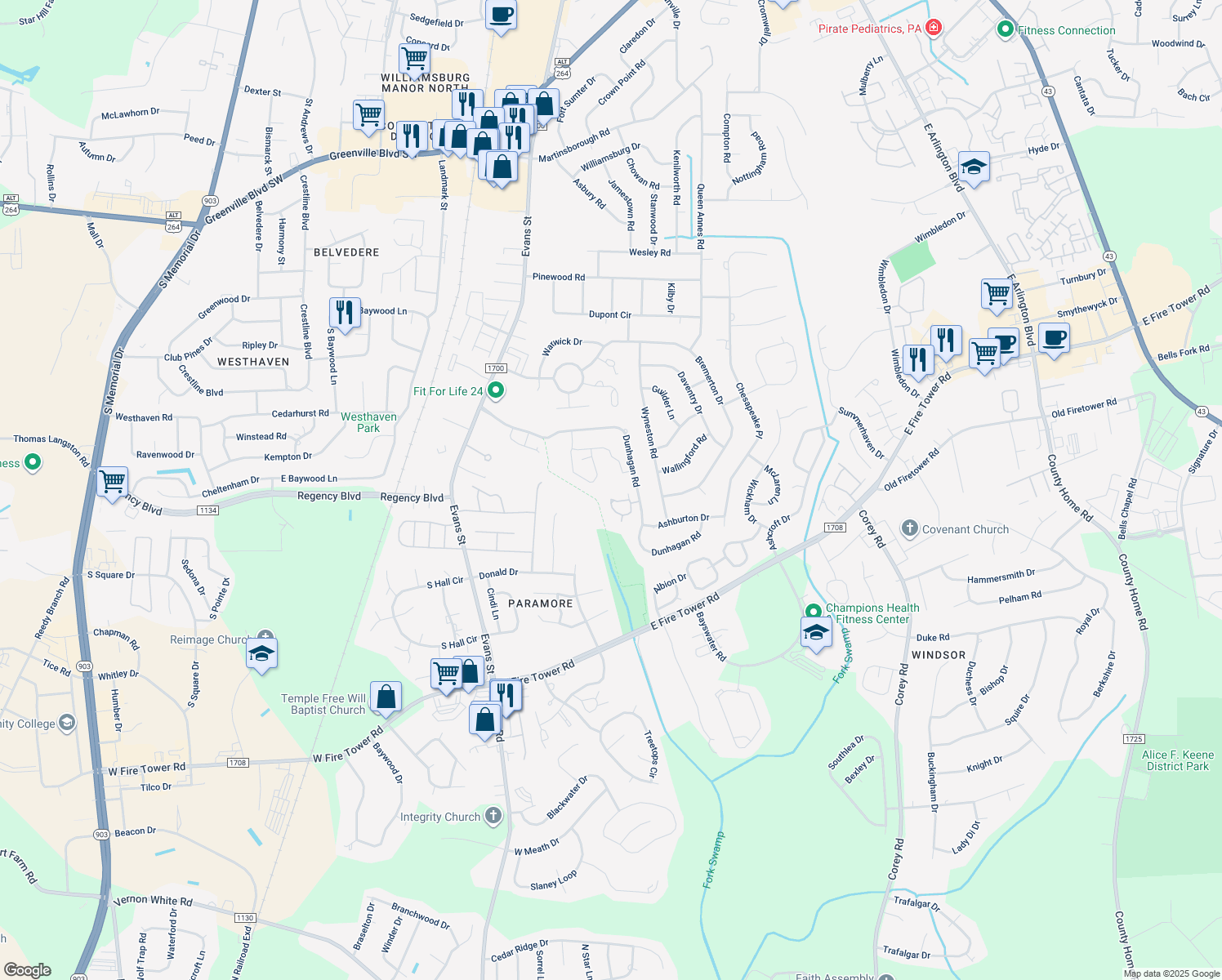 map of restaurants, bars, coffee shops, grocery stores, and more near 420 Forrest Park in Greenville
