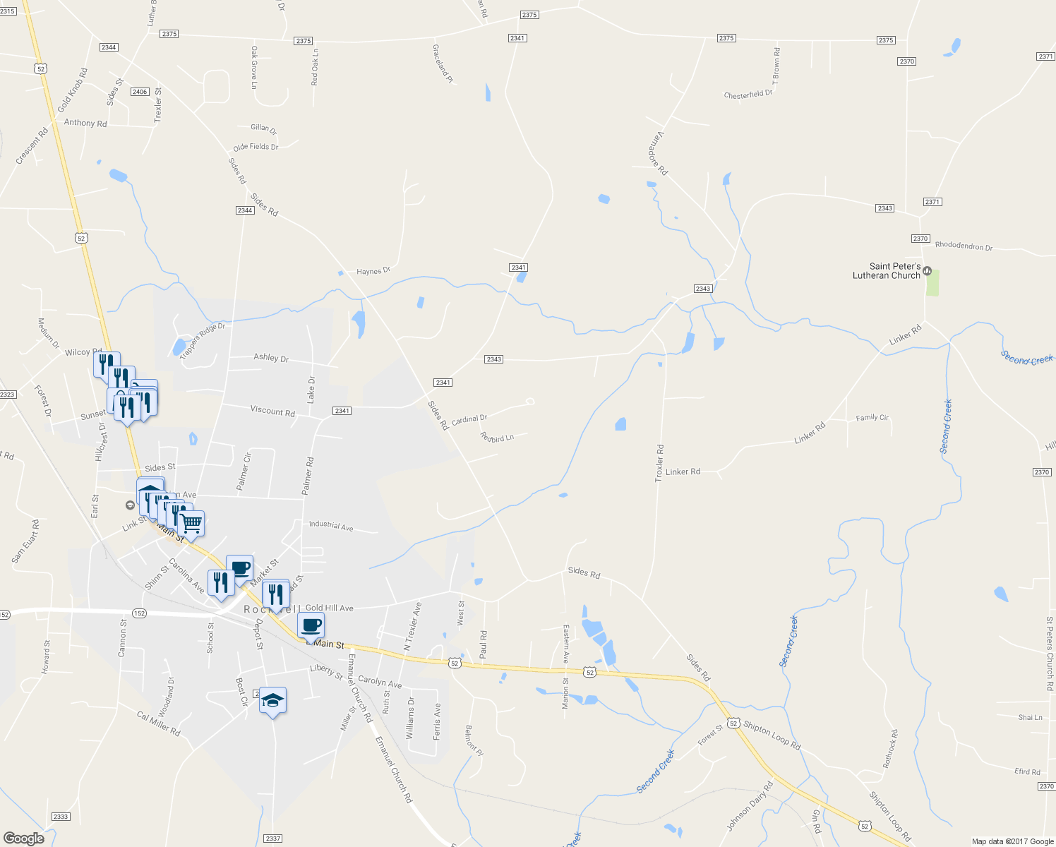map of restaurants, bars, coffee shops, grocery stores, and more near 112 Redbird Lane in Rockwell