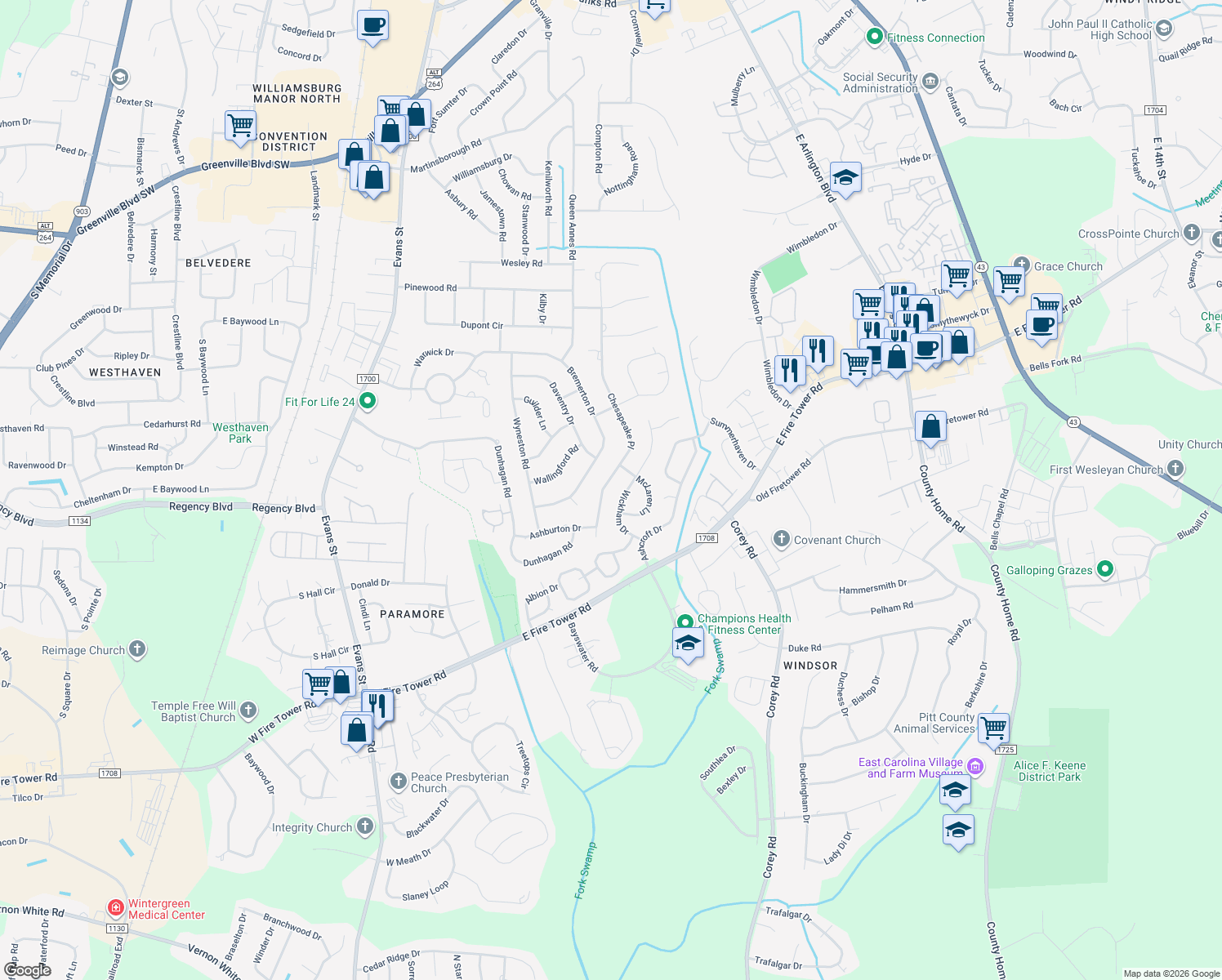map of restaurants, bars, coffee shops, grocery stores, and more near 917 Chesapeake Place in Greenville