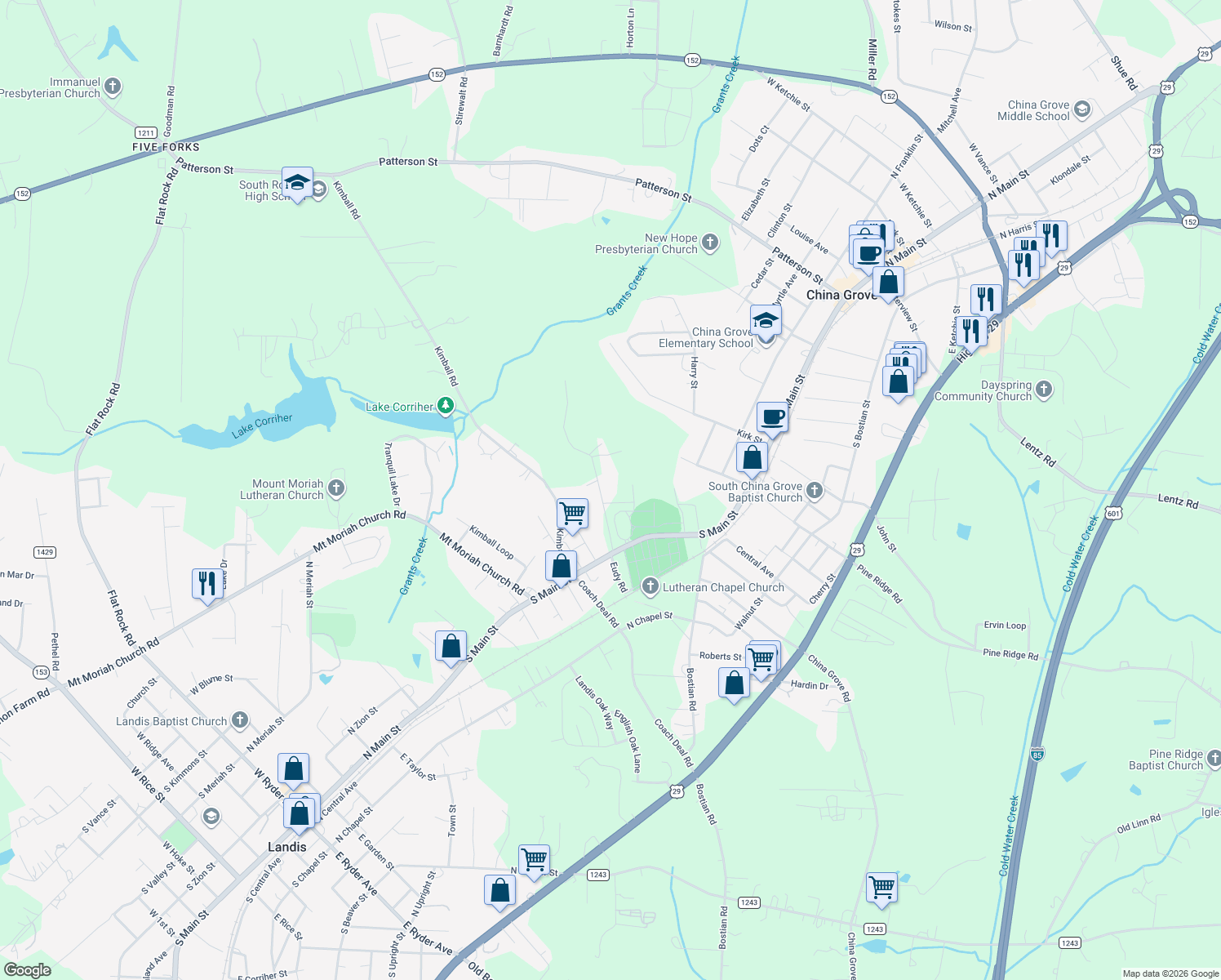map of restaurants, bars, coffee shops, grocery stores, and more near 455 Eudy Rd in China Grove