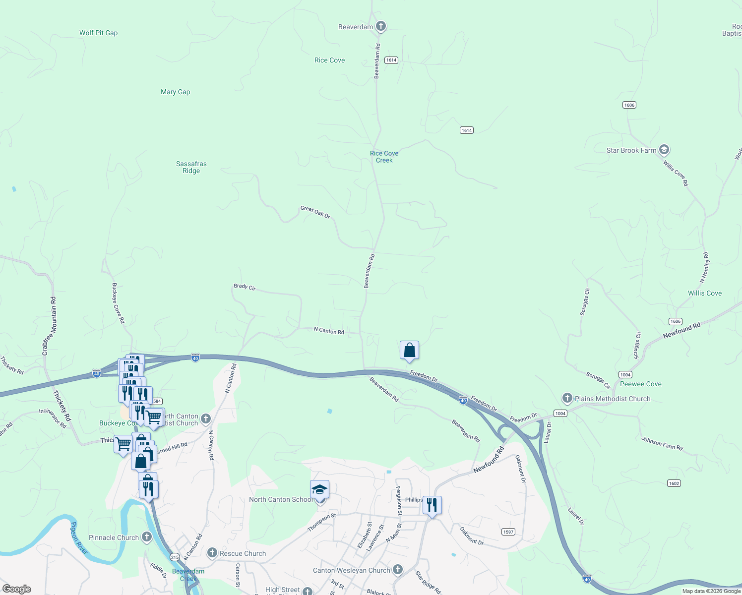 map of restaurants, bars, coffee shops, grocery stores, and more near 36 Robinson Farm Road in Canton