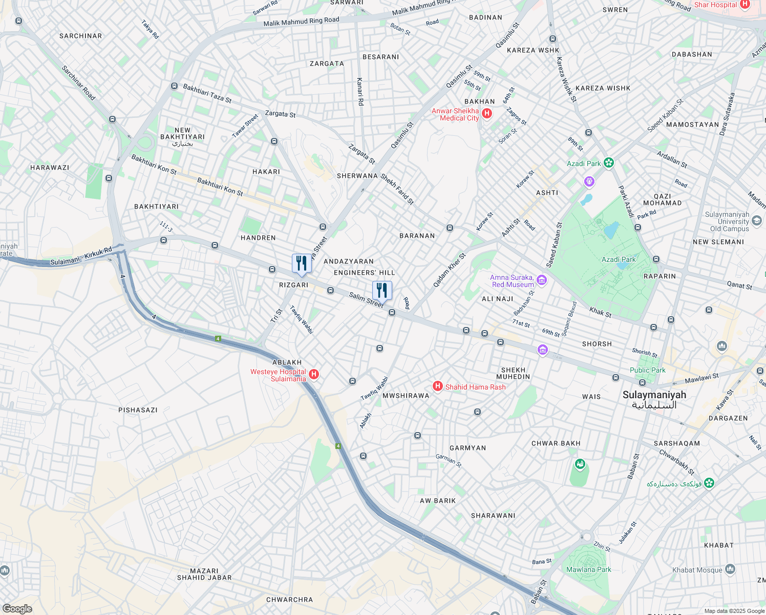 map of restaurants, bars, coffee shops, grocery stores, and more near Salim Street in Sulaymaniyah