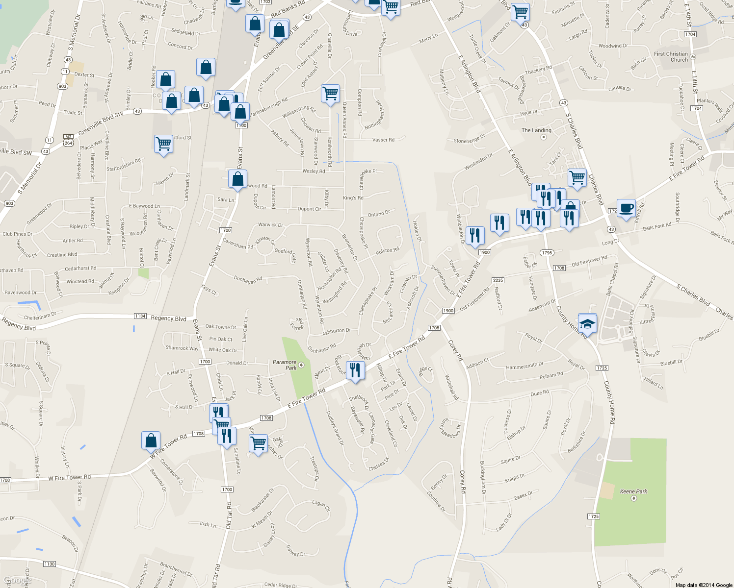 map of restaurants, bars, coffee shops, grocery stores, and more near 904 Chesapeake Place in Greenville