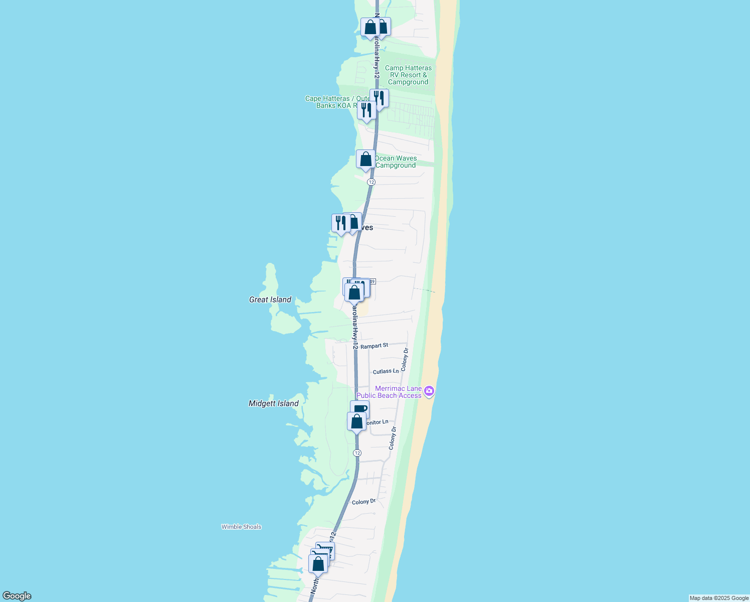 map of restaurants, bars, coffee shops, grocery stores, and more near 25105 Sea Vista Court in Nags Head