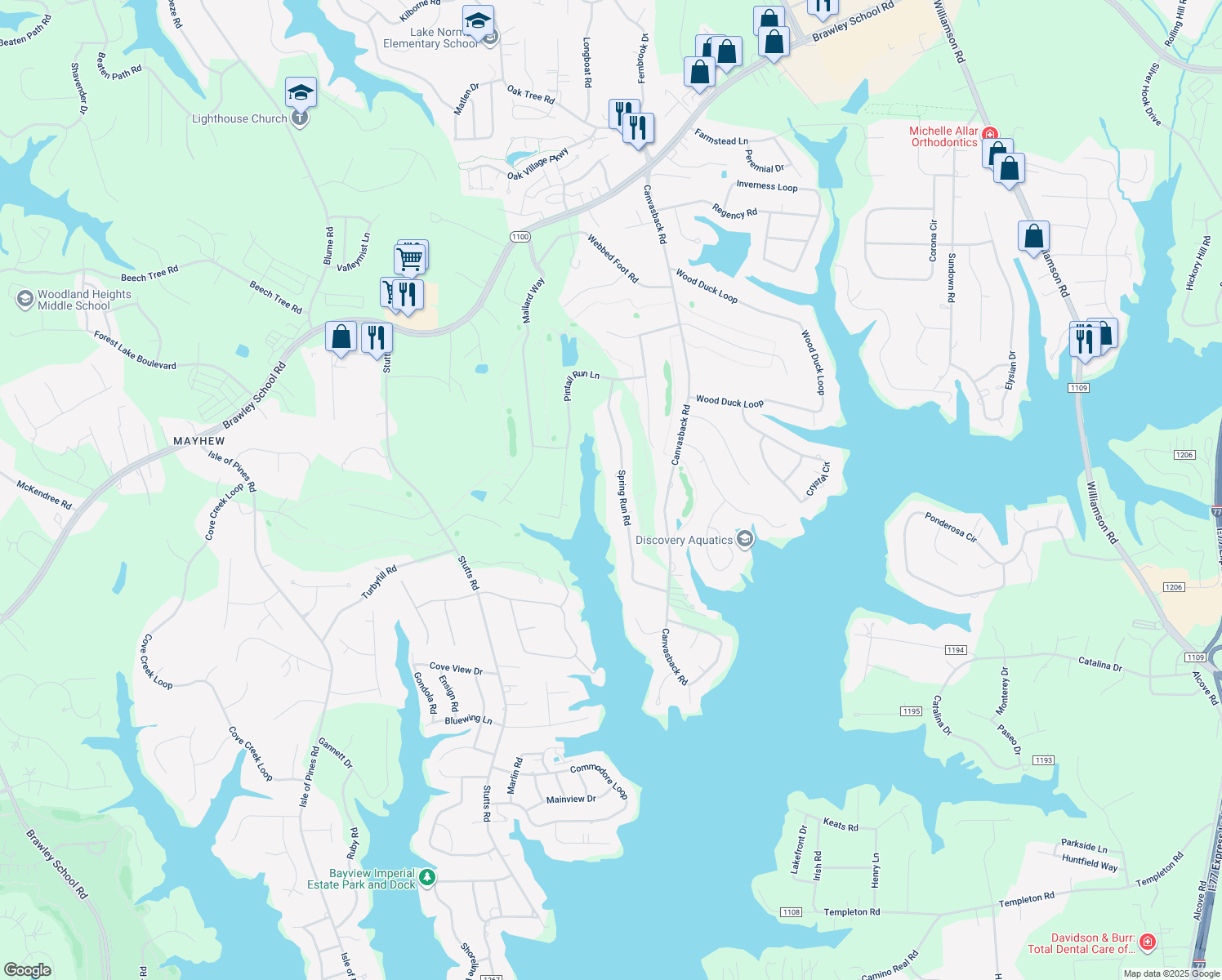 map of restaurants, bars, coffee shops, grocery stores, and more near 182 Spring Run Road in Mooresville