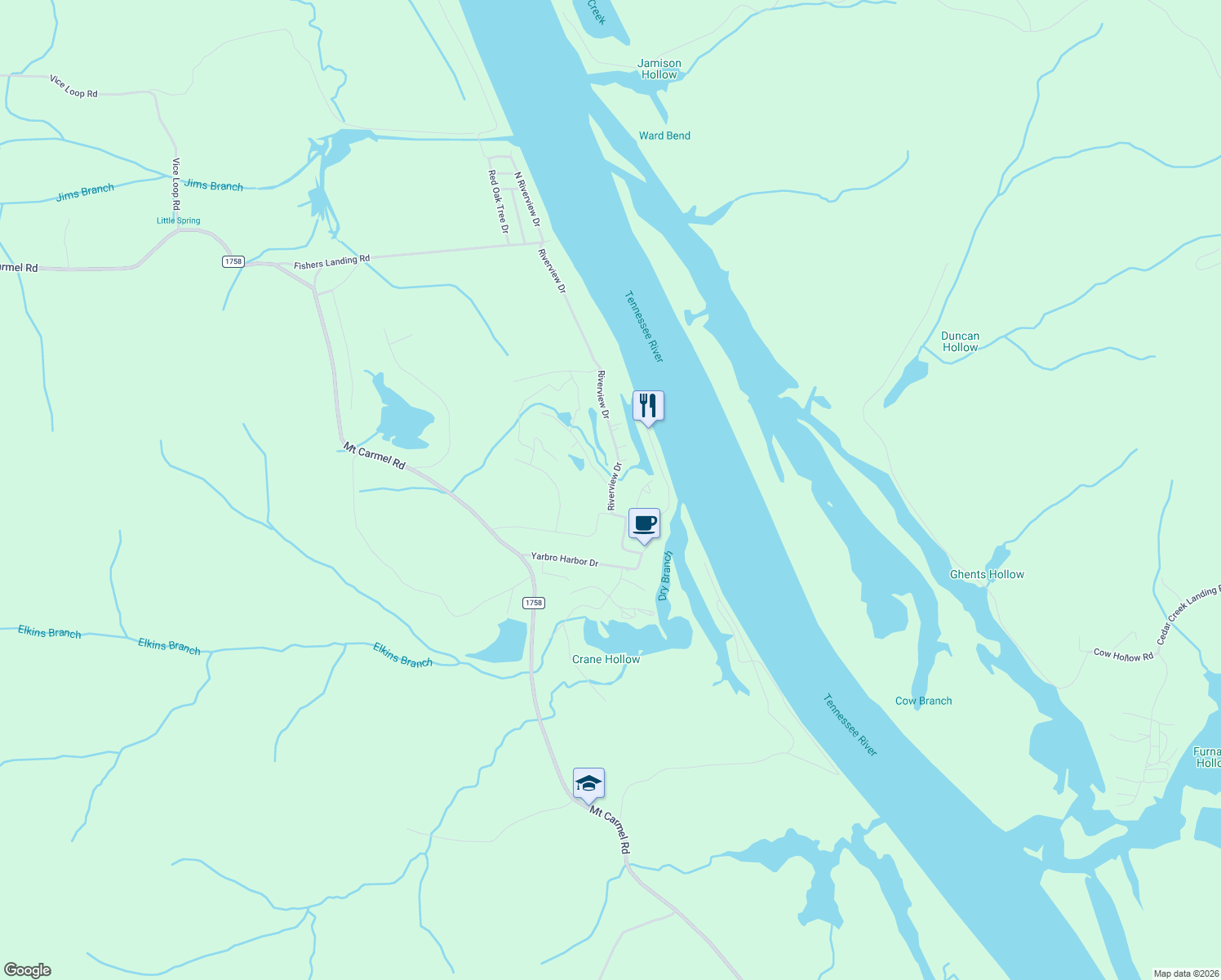 map of restaurants, bars, coffee shops, grocery stores, and more near 532 Riverview Drive in Decaturville