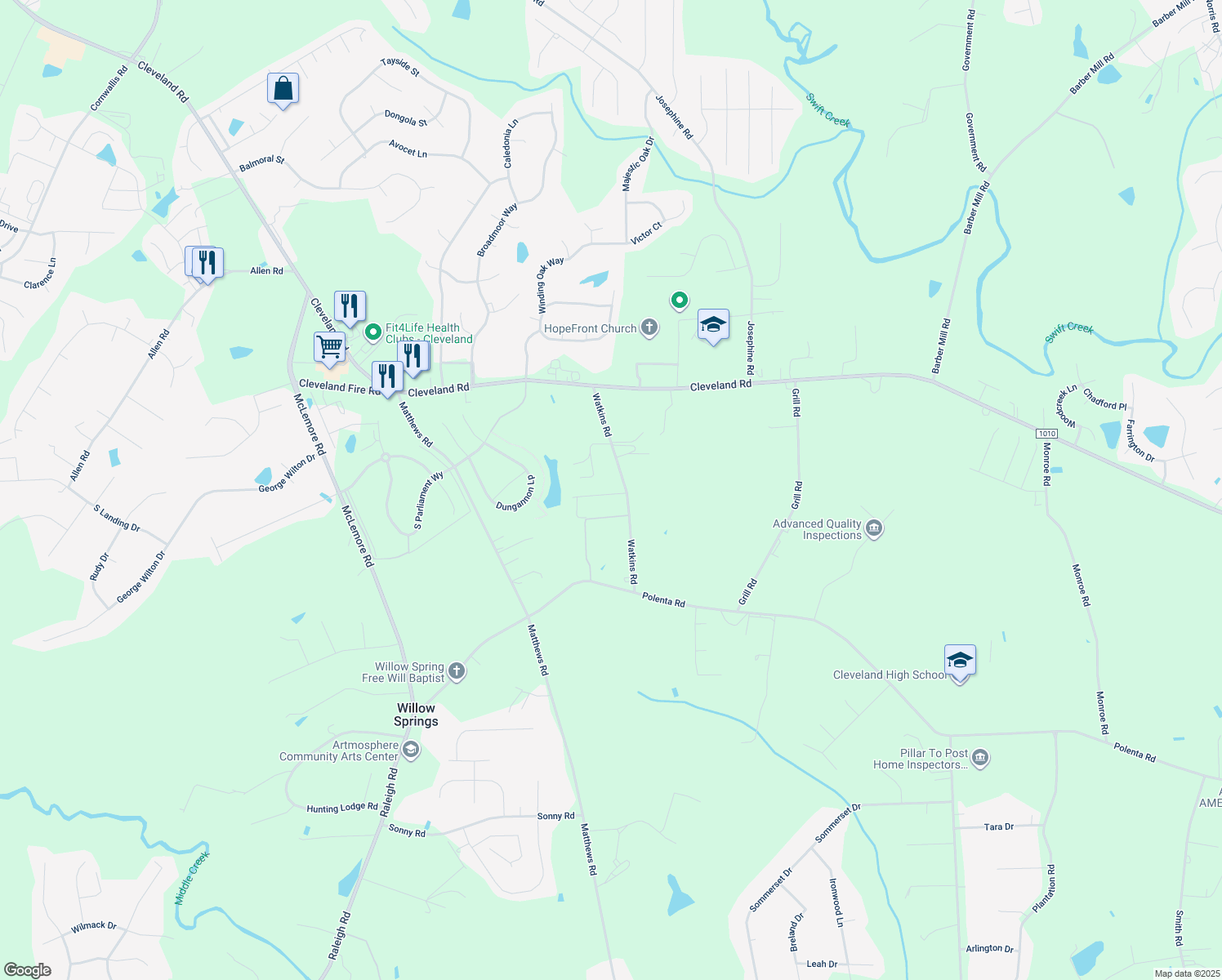 map of restaurants, bars, coffee shops, grocery stores, and more near 310 Watkins Rd in Clayton