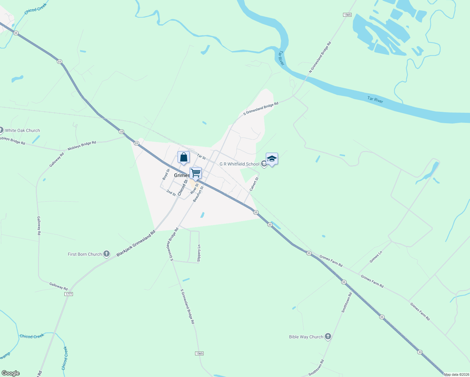 map of restaurants, bars, coffee shops, grocery stores, and more near 451 Porter St in Grimesland