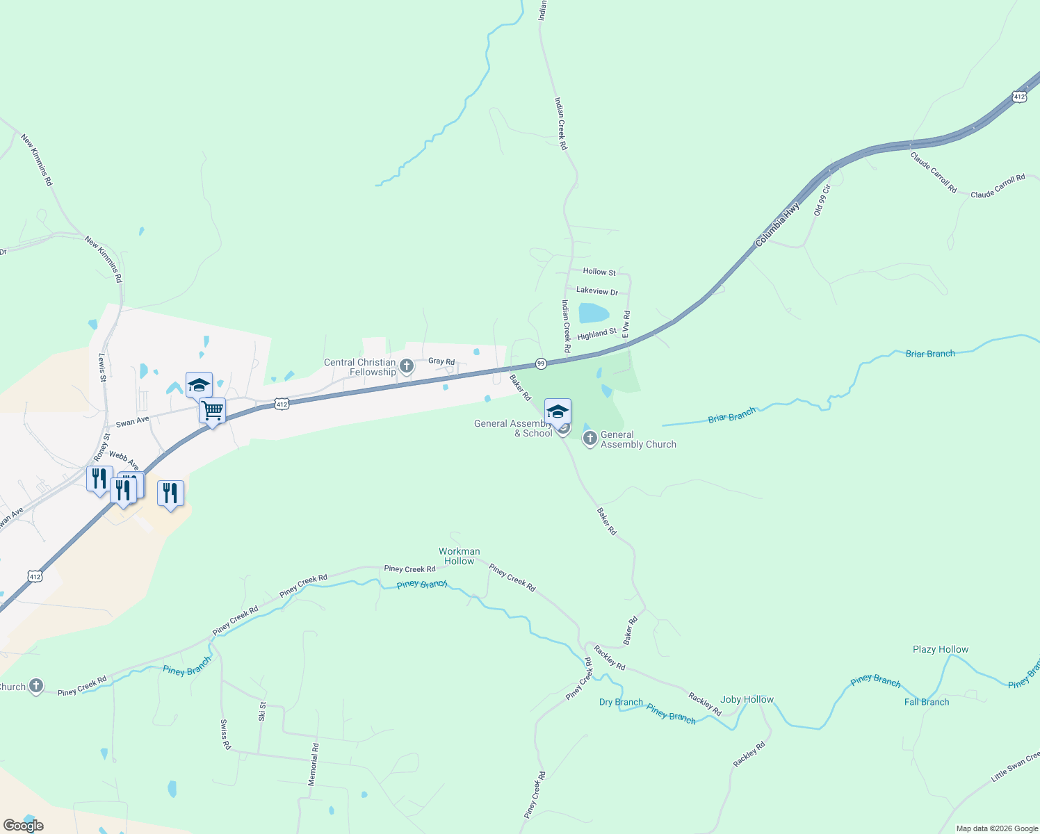 map of restaurants, bars, coffee shops, grocery stores, and more near 132 Baker Rd in Hohenwald