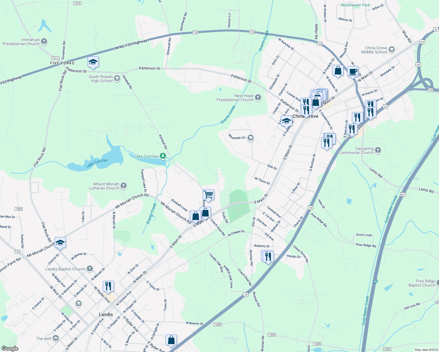map of restaurants, bars, coffee shops, grocery stores, and more near 545 Eudy Road in China Grove