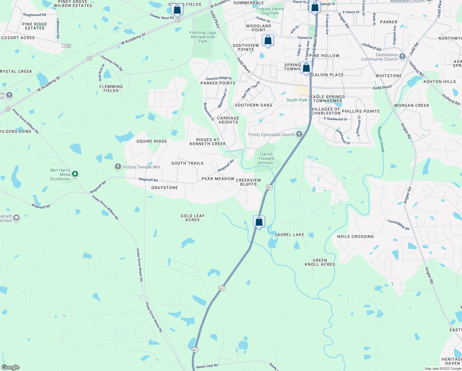 map of restaurants, bars, coffee shops, grocery stores, and more near 112 Howard Road in Fuquay Varina