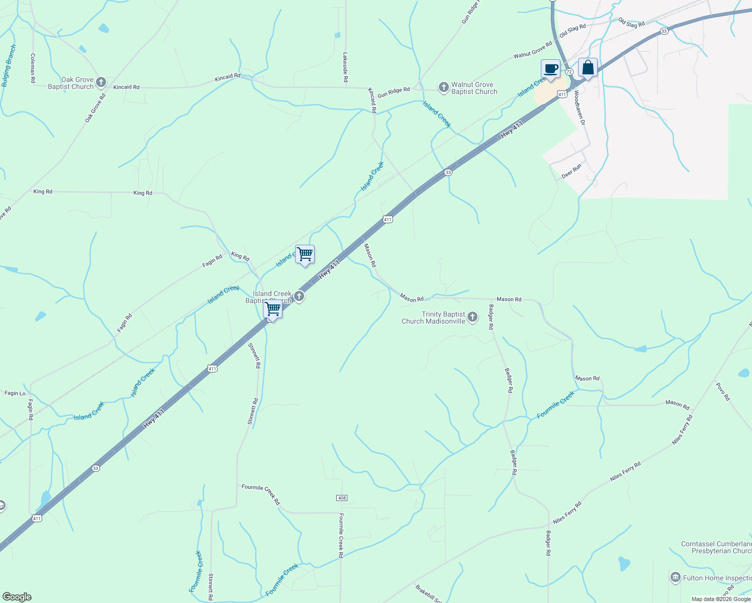 map of restaurants, bars, coffee shops, grocery stores, and more near 162 Mason Road in Madisonville