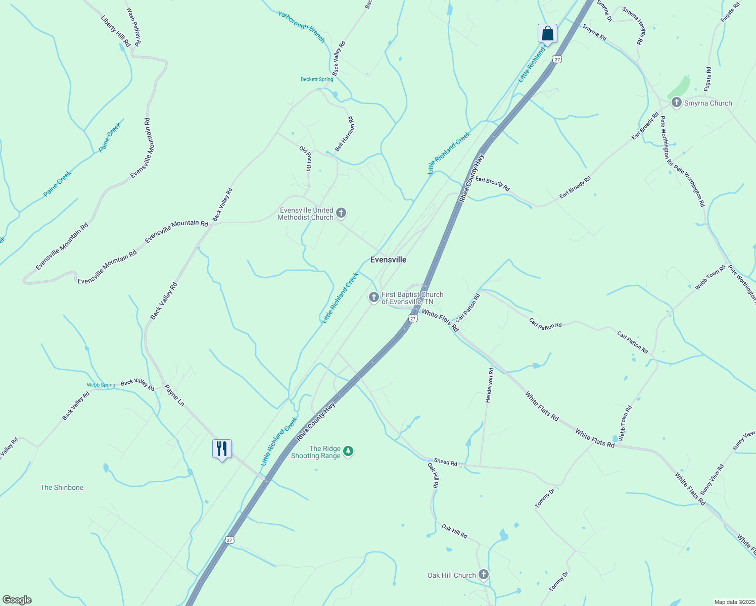 map of restaurants, bars, coffee shops, grocery stores, and more near 100 White Flats Road in Evensville
