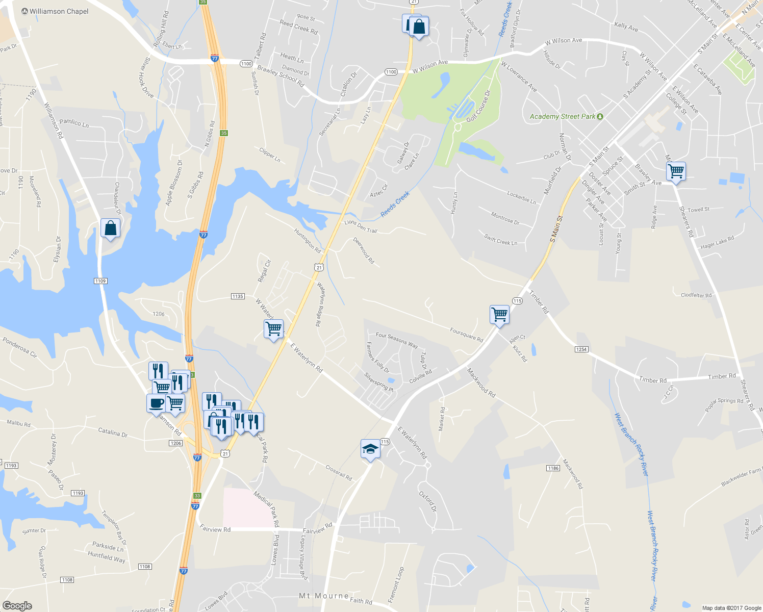 map of restaurants, bars, coffee shops, grocery stores, and more near 233 Foursquare Road in Mooresville
