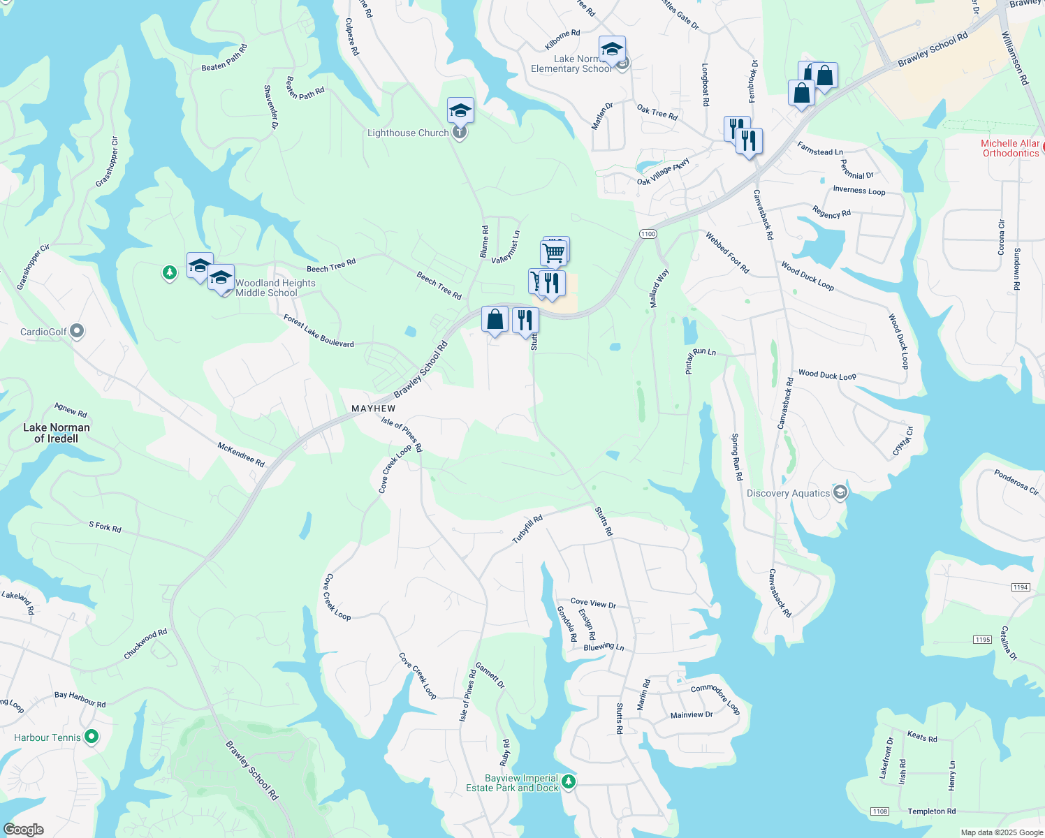 map of restaurants, bars, coffee shops, grocery stores, and more near 611 Mallard Head Ln in Mooresville