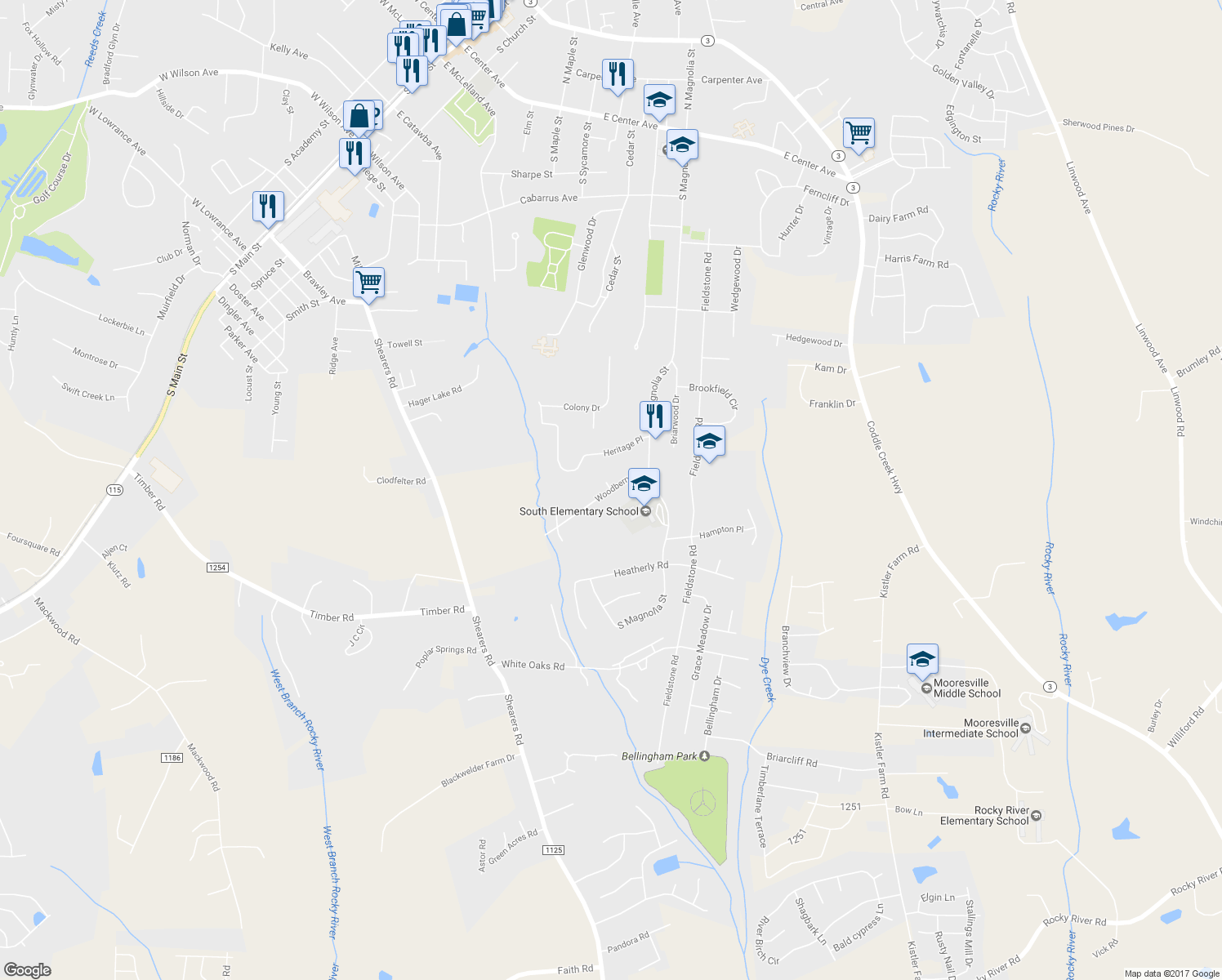 map of restaurants, bars, coffee shops, grocery stores, and more near Woodberry Drive in Mooresville