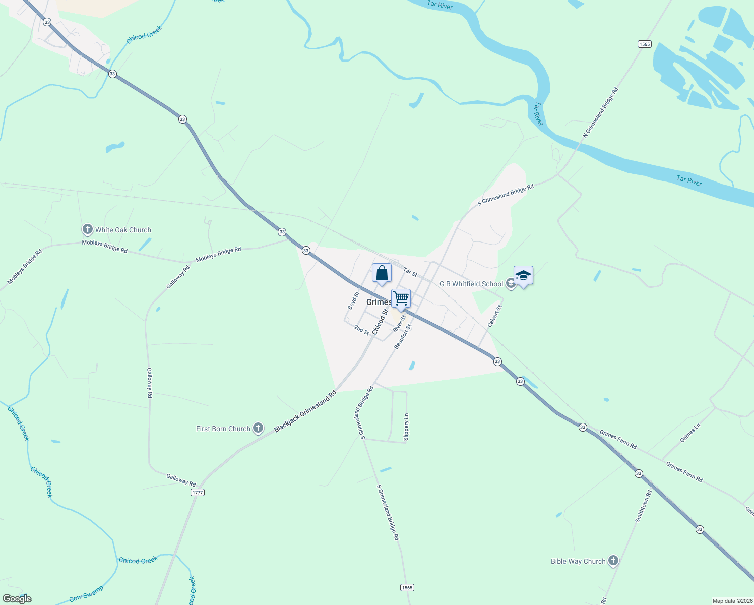 map of restaurants, bars, coffee shops, grocery stores, and more near 7544 Pitt Street in Grimesland