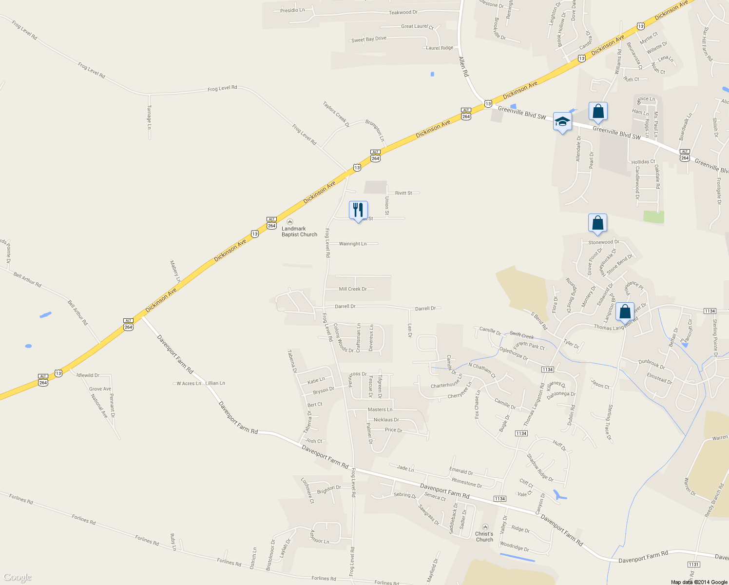 map of restaurants, bars, coffee shops, grocery stores, and more near 821 Mill Creek Drive in Greenville